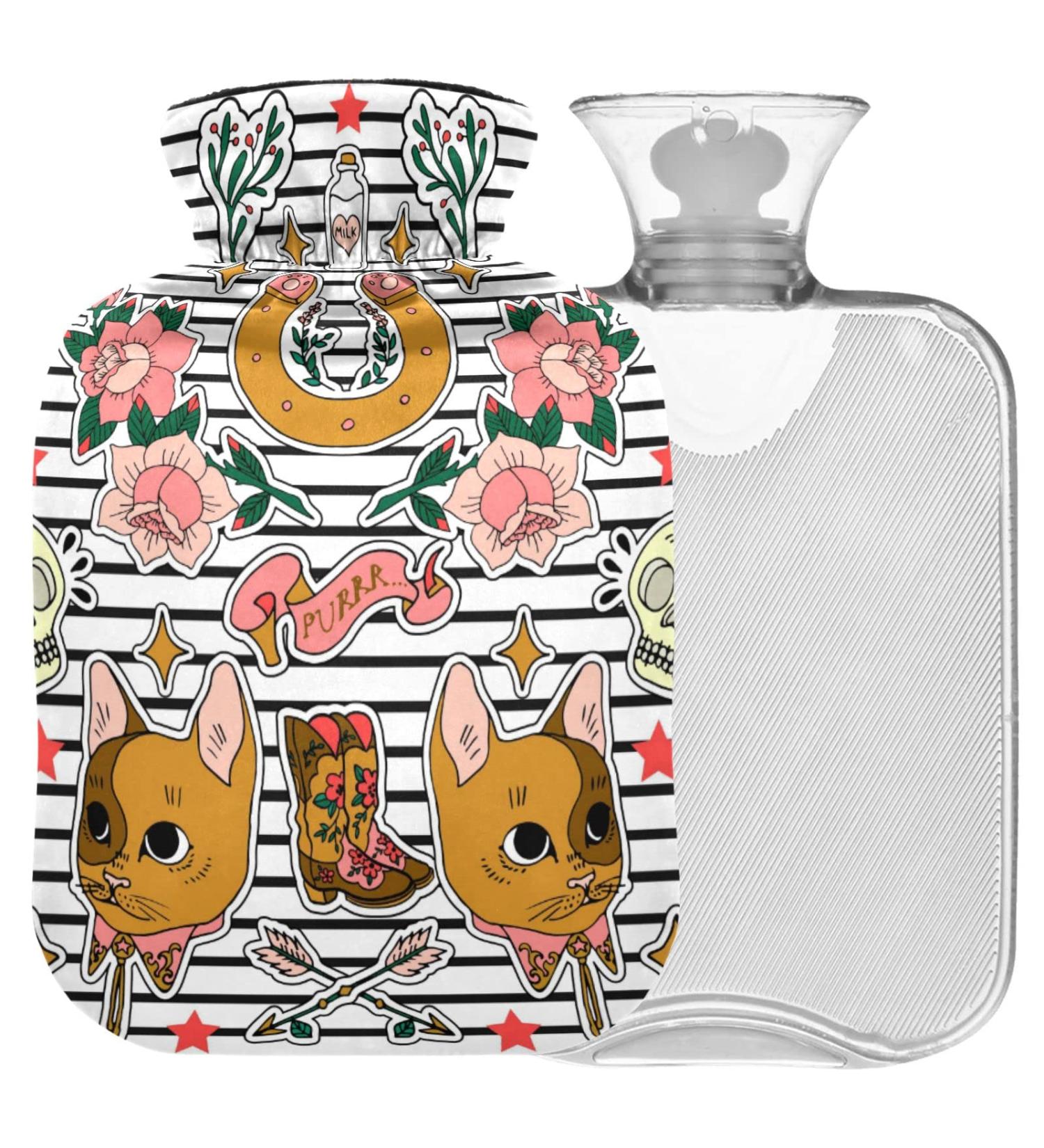 Naanle Stripes Skulls Cats Hot Water Bottle | 1L Transparent Hand/Foot Warmer for Pain Relief & Heat Therapy - Buy Online on GoSupps.com