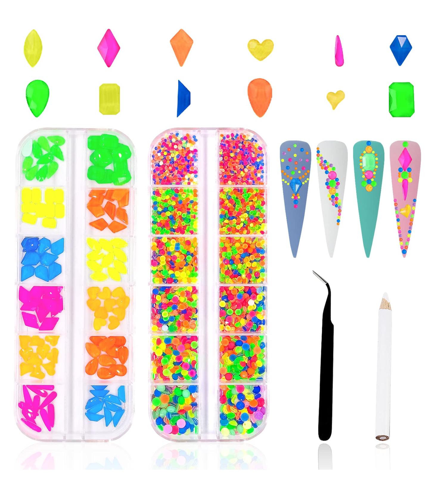 3120Pcs Diamond Nails Rhinestones for Nail Art | Colorful Fluorescence Rhinestones with Tweezers and Pen | Multi Shapes Clear AB Gemstones for Women DIY Craft - Buy Online on GoSupps.com