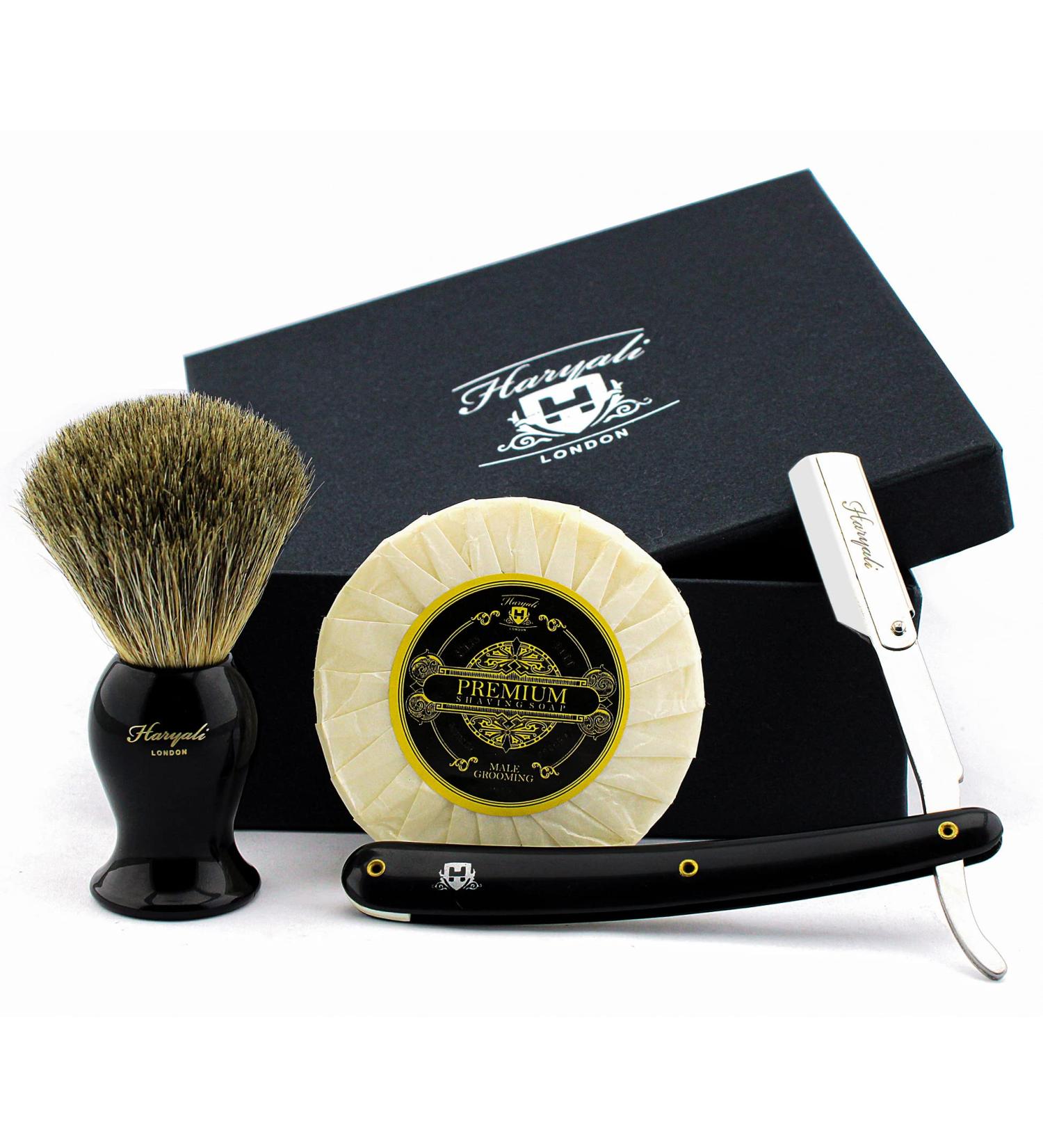 Haryali London 3 Pc Shaving Kit with Cut Throat Razor, Super Badger Hair Brush, and Shaving Soap - Black Color - Unique Gift Set - Buy Online on GoSupps.com