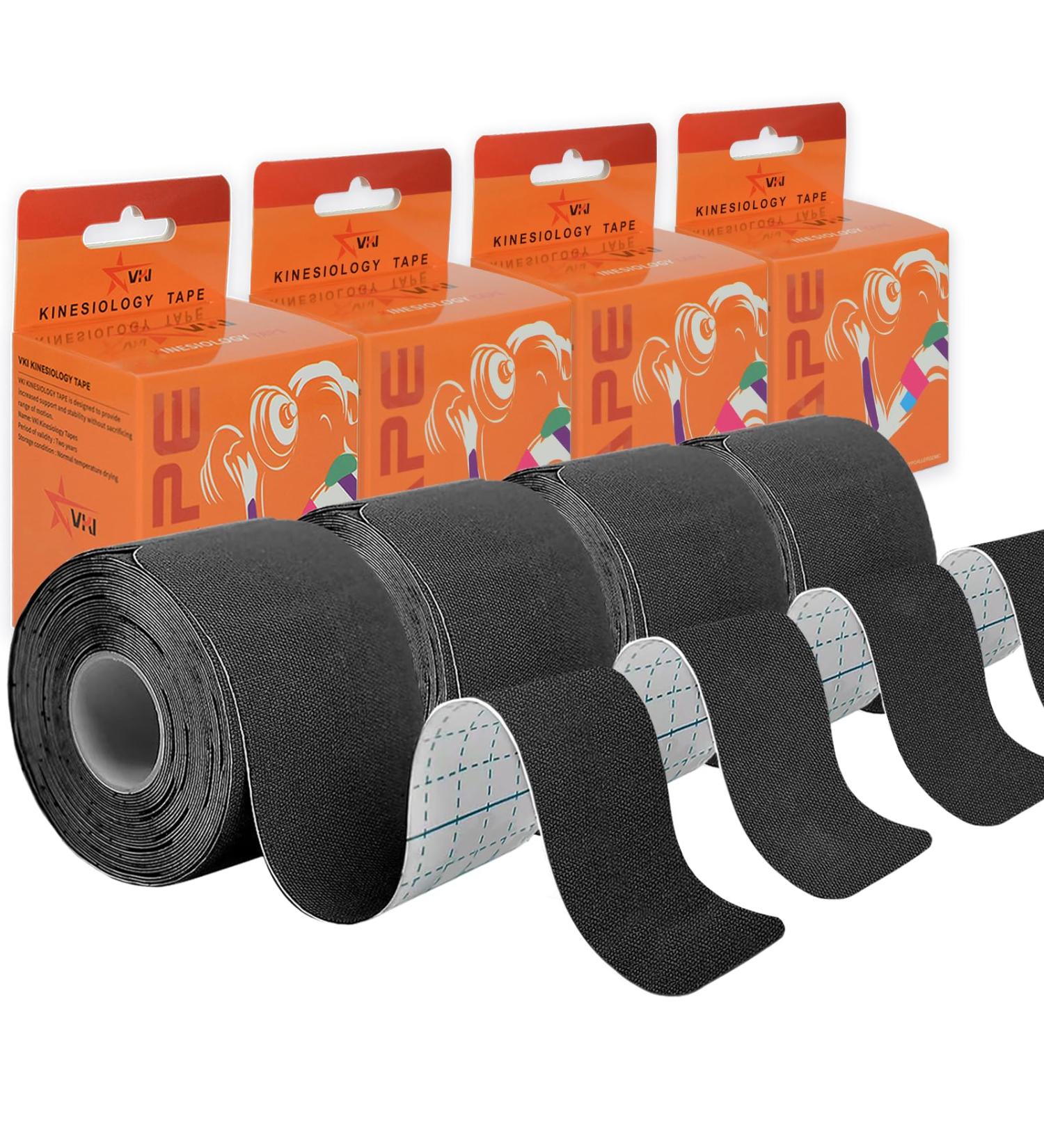 VKI Kinesiology Tape - 4 Rolls (65.6 FT) Hypoallergenic Athletic Tape for Joint Support & Muscle Pain Relief - Water Resistant Black Strips - Buy Online on GoSupps.com