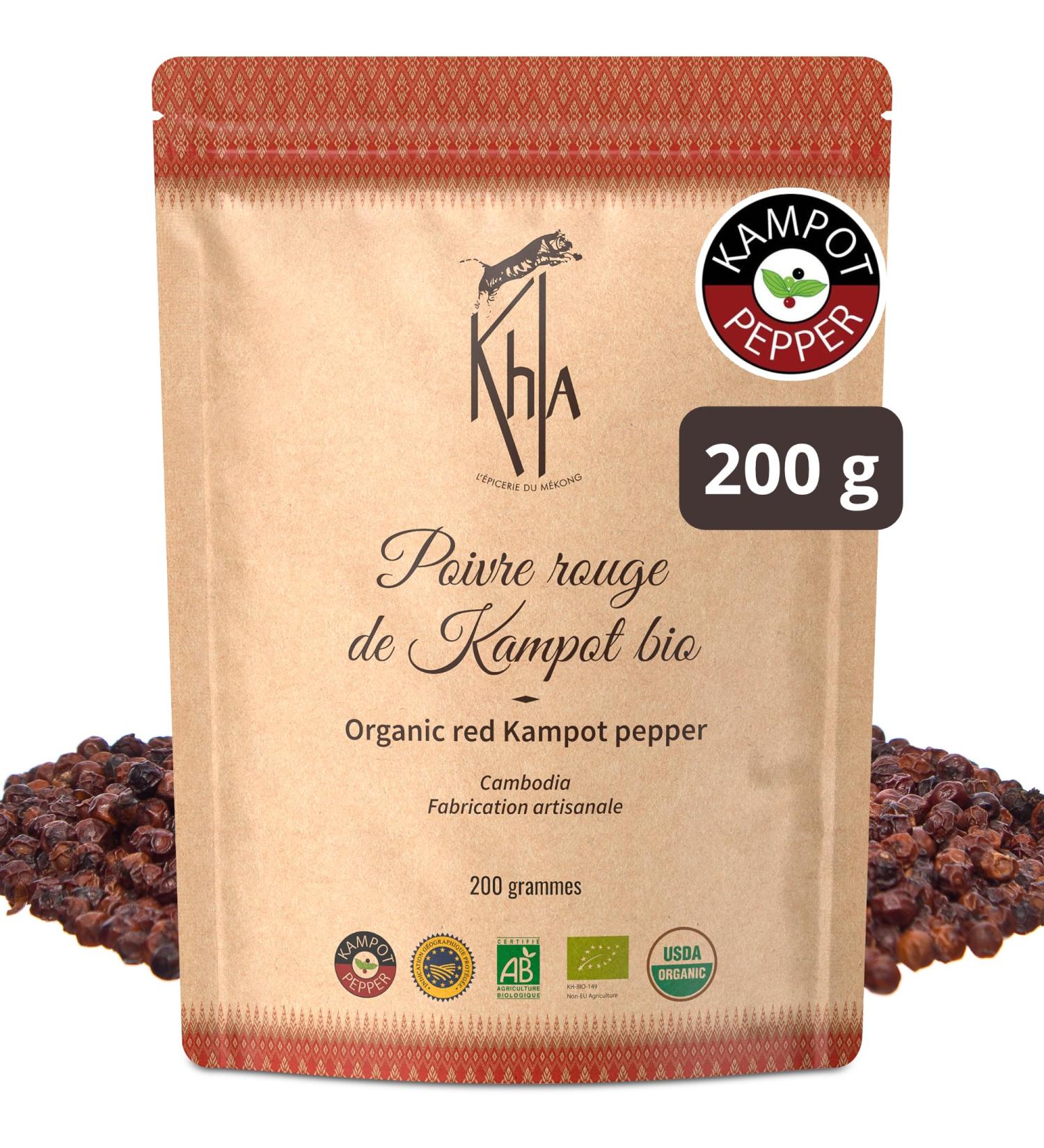 Khla - Poivre Rouge de Kampot Certifi Bio 200 g - Sachet Poivre en Grains Biologique - Grand Cru Doux & Fruit - Ingr dient Cuisine - Direct Producteur - pice Asie - Origine Cambodge - Buy Online on GoSupps.com
