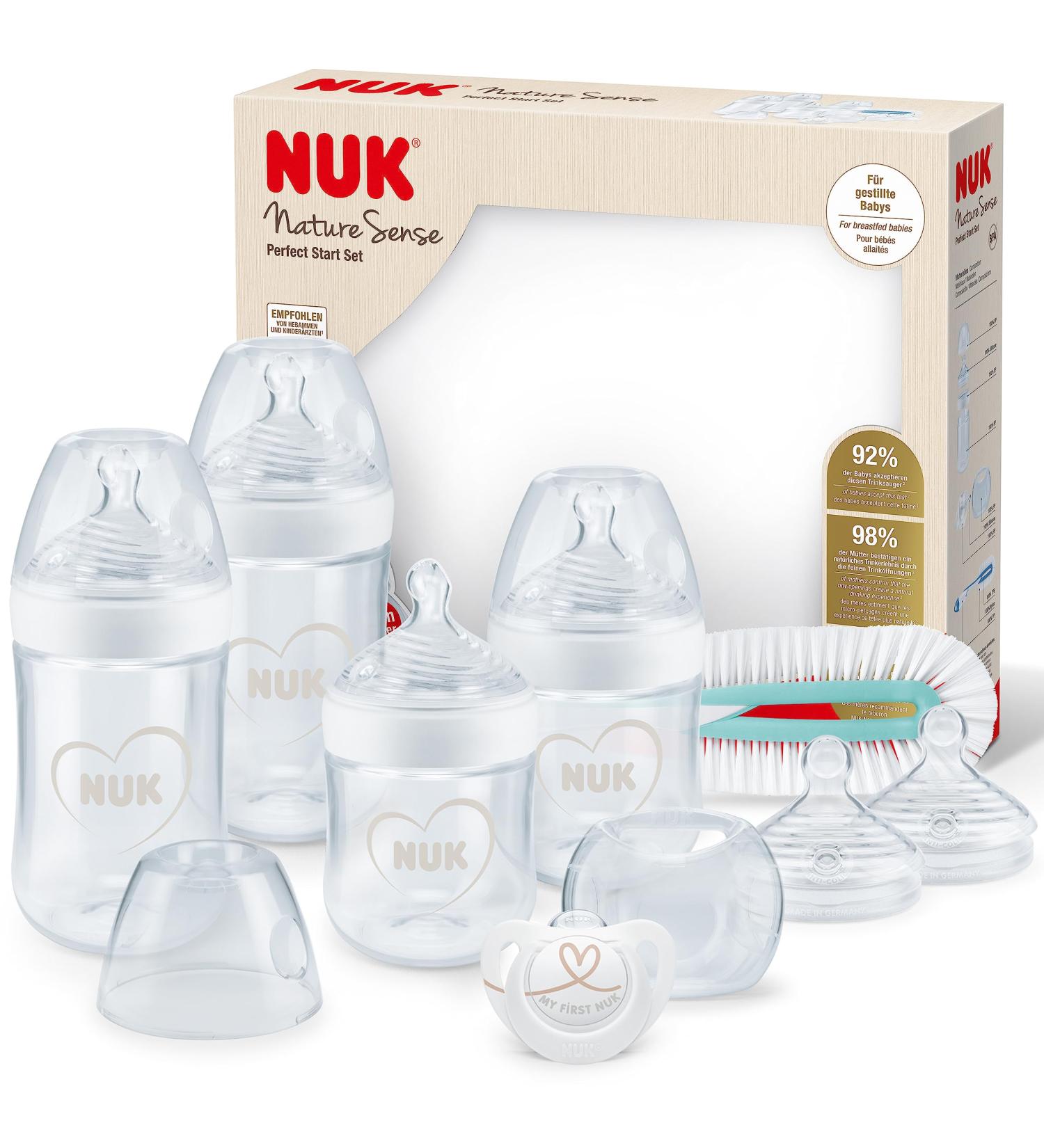 Nuk Nature Sense Baby Bottles Starter Set | 0-18 Months | Anti-Colic BPA-Free | 9-Piece Gray & White Set with Pacifier & Bottle Brush - Buy Online on GoSupps.com