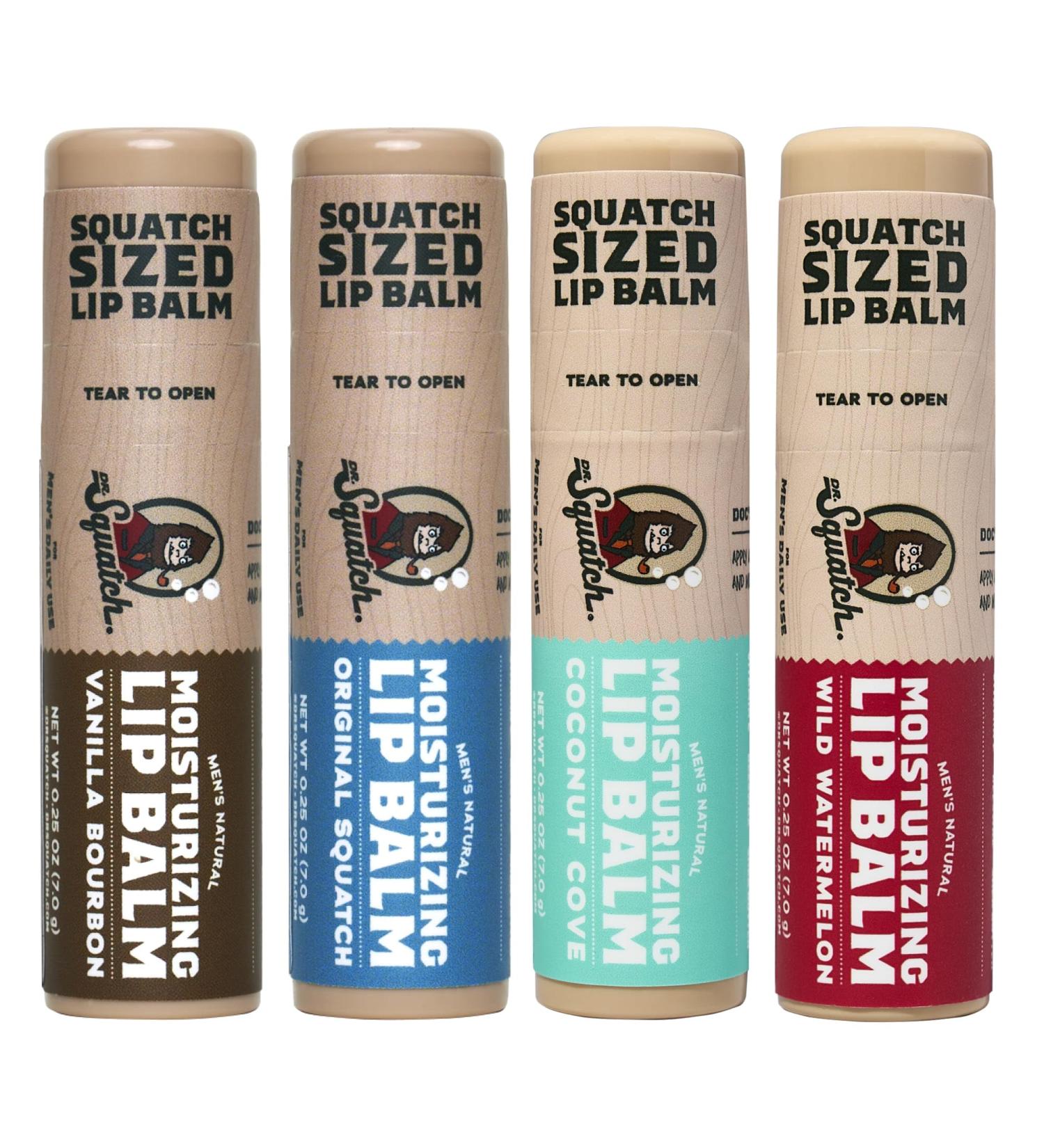 Dr. Squatch NEW Natural Lip Balm - Petrolatum, Paraben, Artificial Flavor-free - Shea Butter, Beeswax, Vitamin E - Original Squatch, Vanilla Bourbon, Coconut Cove, Wild Watermelon (0.25 oz, 4 Pack) - Buy Online on GoSupps.com