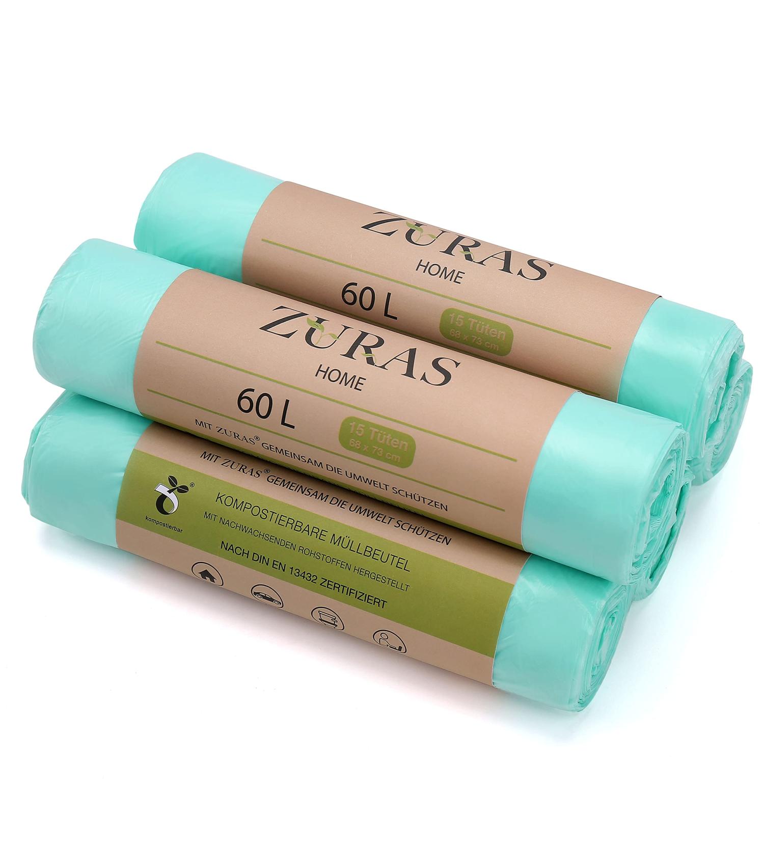 Zuras 60L Organic Waste Bags - 75 Compostable & Biodegradable Garbage Bags | Tear-Resistant Waterproof DIN EN 13432 Certified - Buy Online on GoSupps.com