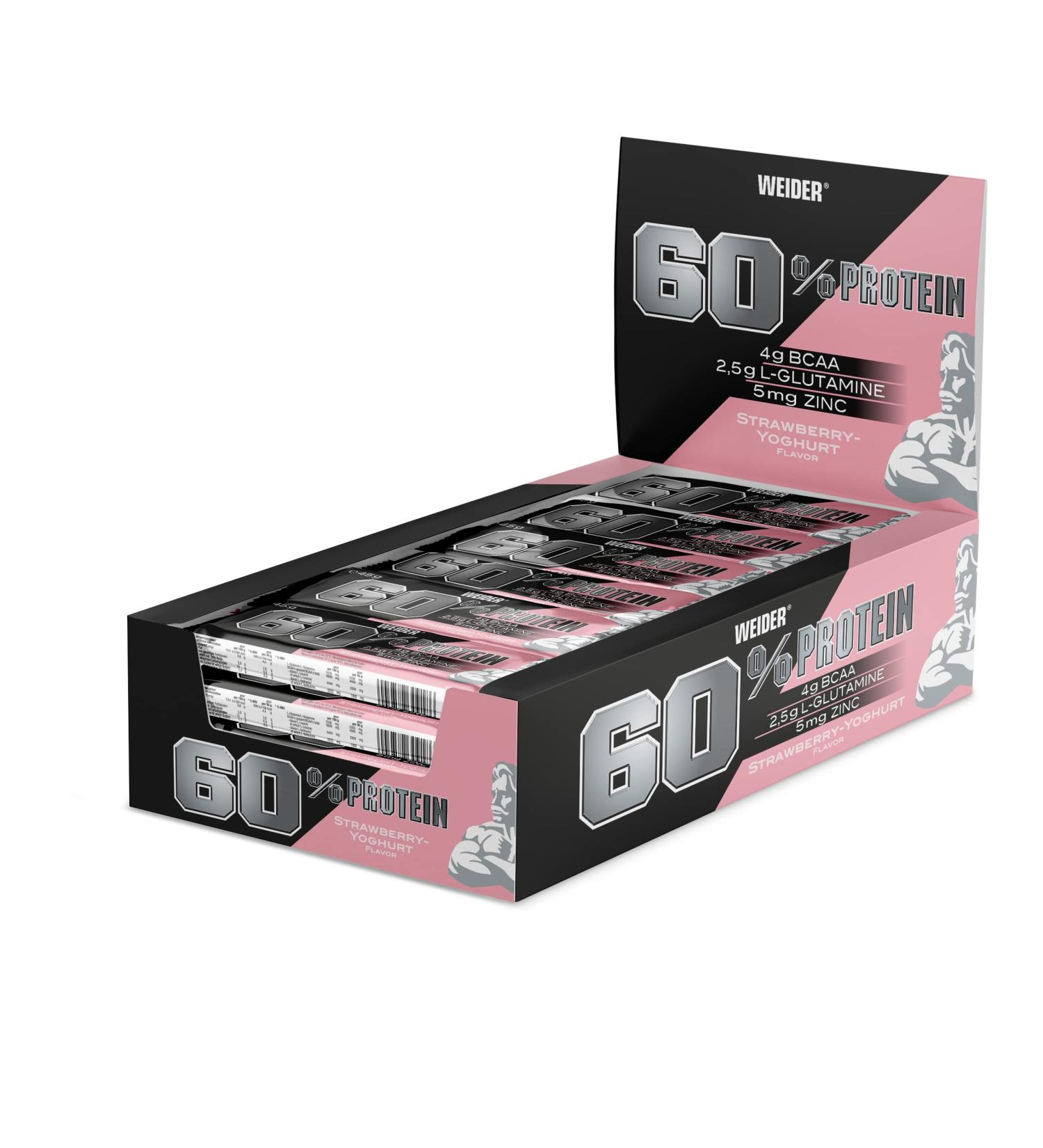 Weider 60% Protein Bar - High Protein Strawberry-Yoghurt BCAA & Glutamine for Muscle Building | 24x45g - Buy Online on GoSupps.com