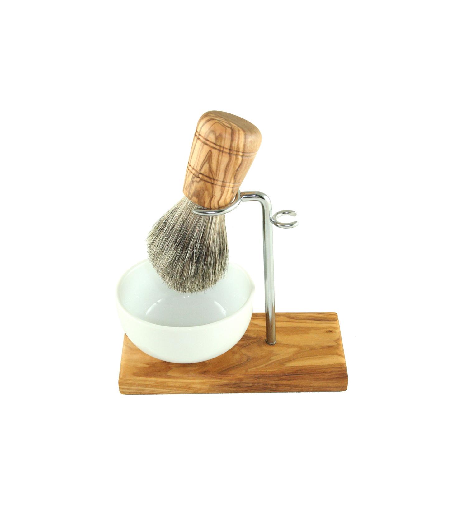 DOM shaving brush set CLASSIC 3-piece made of olive wood with porcelain bowl round 8.5 cm + razor holder