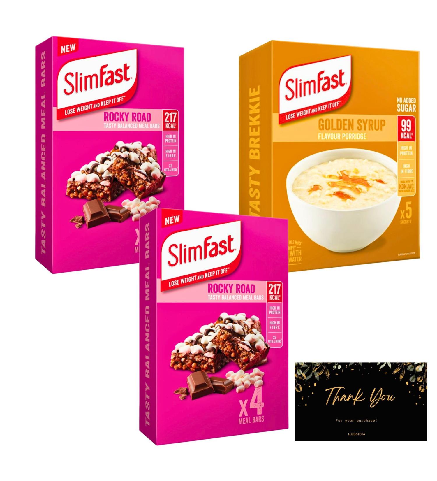 Slimfast Meal Replacement for Weight Loss Bundle with 1 x Slimfast Porridge Golden Syrup and 2 x Slim Fast Rocky Road Meal Bar - Buy Online on GoSupps.com