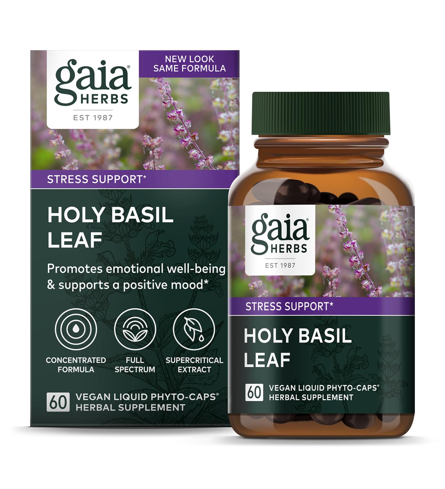 Gaia Herbs Holy Basil Leaf - 60 Vegan Liquid Phyto-Caps for Stress Relief & Wellness - Buy Online on GoSupps.com