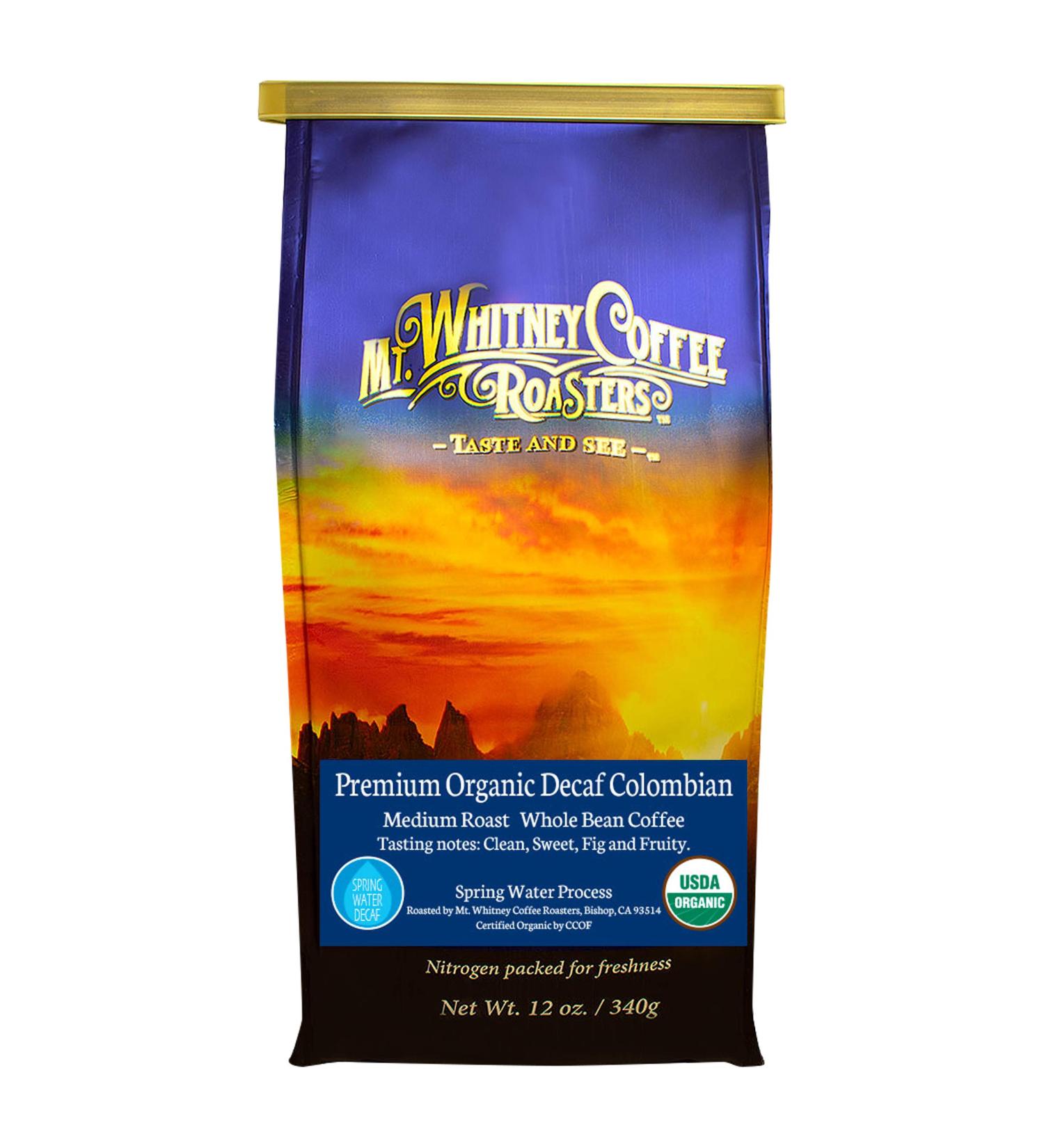 Mt. Whitney Organic Decaf Colombian Whole Bean Coffee - Medium Roast 12 oz - Buy Online on GoSupps.com