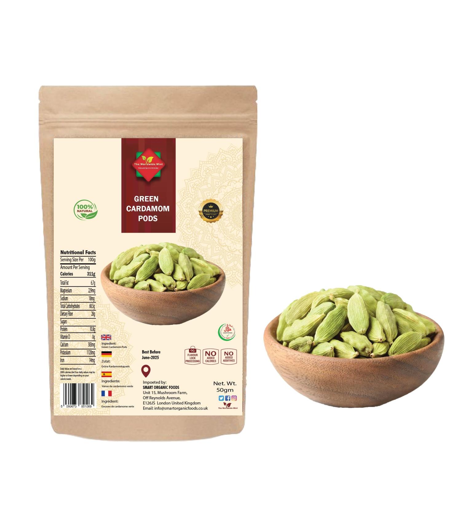 The Worldwide Mint Green Cardamom Pods Hari Elaichi Green Elachi Elaichi Pods Elaichi Vegan No Additive No Preservatives Processed in Certified Organic Environment Natural Bold Premium Quality 50g - Buy Online on GoSupps.com