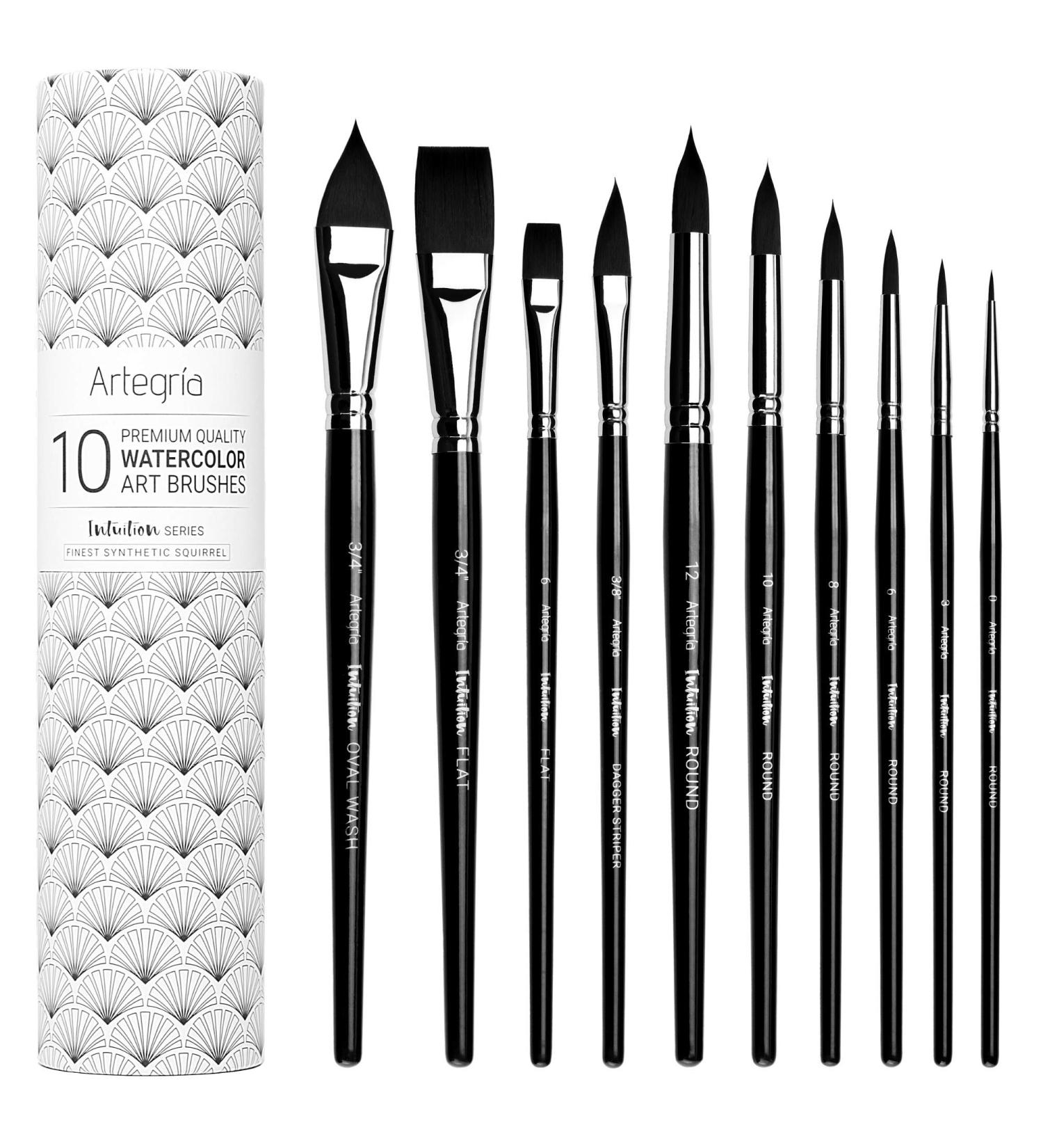 ARTEGRIA Watercolor Brush Set - 10 Professional Synthetic Squirrel Hair Brushes for Watercolor & Gouache Painting - Buy Online on GoSupps.com