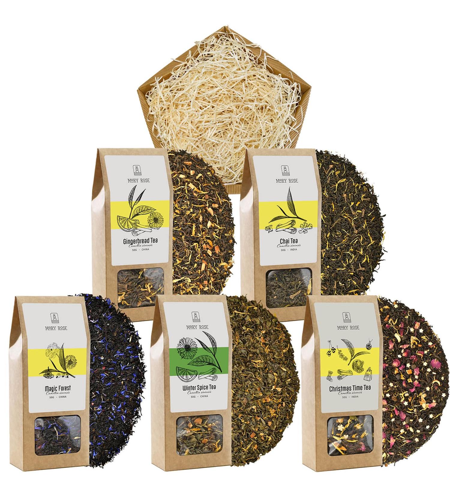 Service cadeau avec th Mary Rose | Th r chauffant l'hiver | Th noir th vert assam yunnan | Clous de girofle gingembre cannelle cardamome | 5x50g