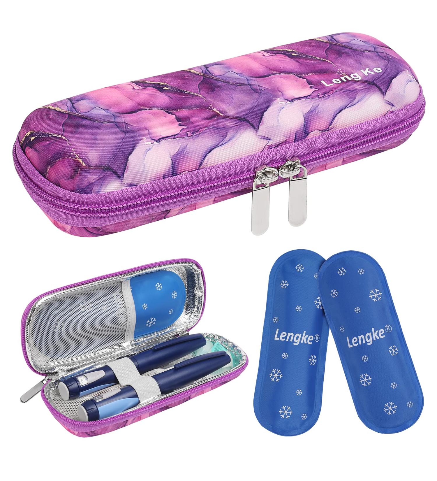 Bomkee Insulin Pen Bag | Cooling Medication Bag for On-the-Go Diabetes | Holds Insulin Pens & Glucose Meters | Includes 2 Fridge Packs - Marble Violet - Buy Online on GoSupps.com
