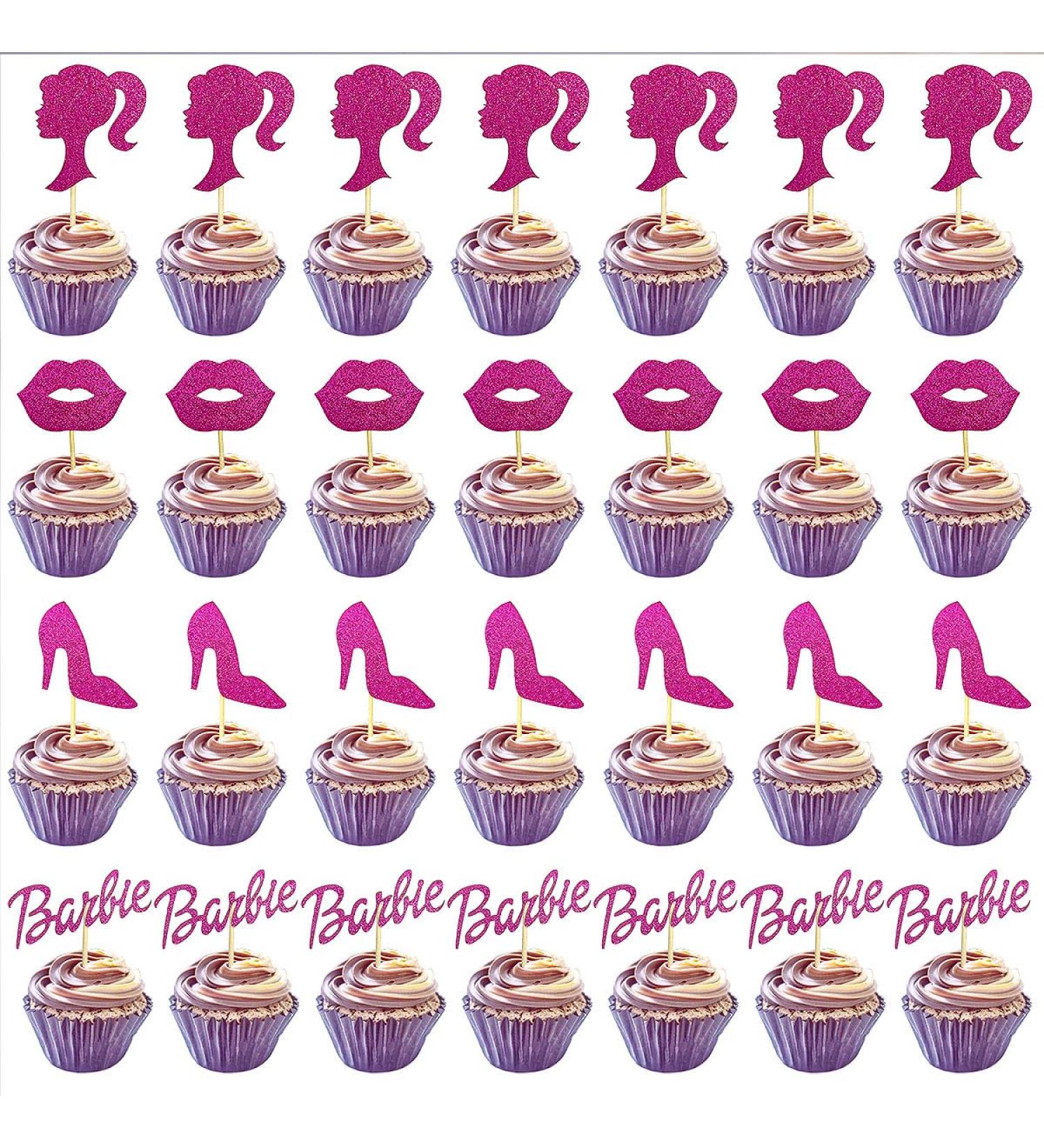 28 Pcs Glitter Hot Pink Princess Cupcake Toppers-Doll Head Lip High Heel-Cupcake Topper Cake Topper for Girls Birthday Party Decorations - Buy Online on GoSupps.com