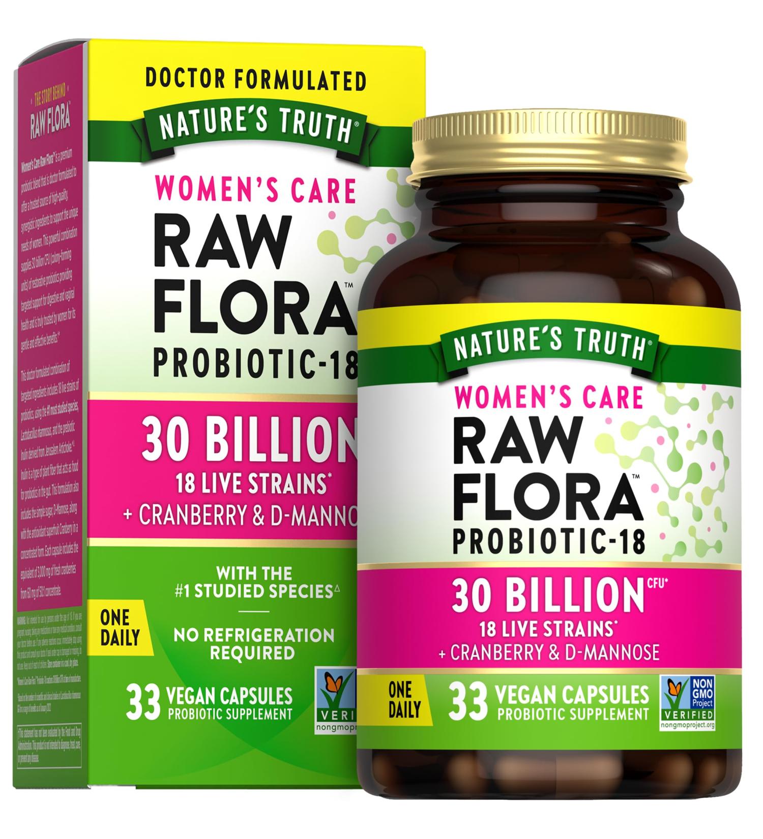 Raw Flora Probiotics for Women | 30 Billion CFU | 33 Capsules | with Cranberry and D-Mannose | Vegan, Non-GMO & Gluten Free Supplement - Buy Online on GoSupps.com