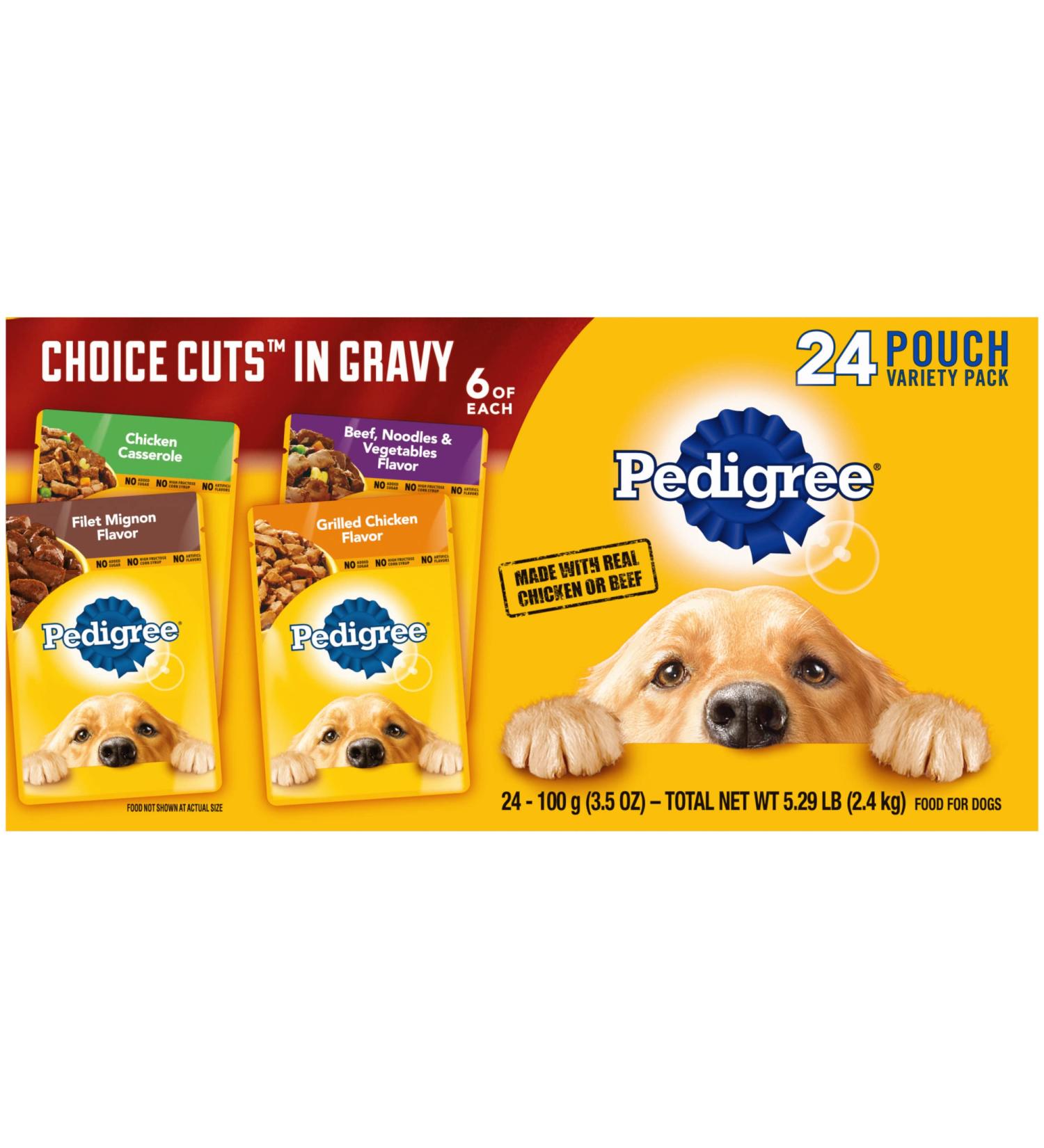 PEDIGREE Choice Cuts in Gravy Adult Wet Dog Food Variety Pack - 24 Pouches, Chicken, Beef, Filet Mignon - 3.5 oz Each - Buy Online on GoSupps.com