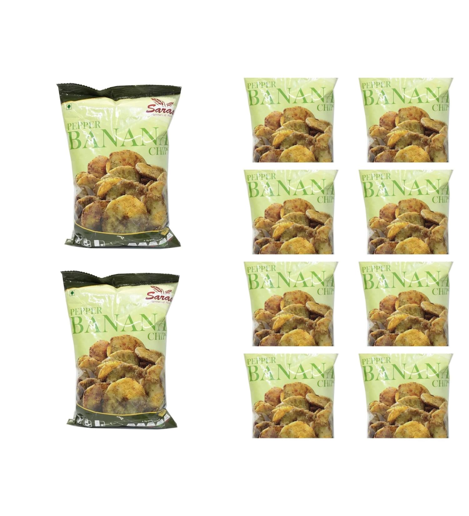 Saras Pepper Banana Chips 200g (Pack of 10) | Spiced to Perfection South Indian Snack | Crispy Delight with Authentic Flavour - Buy Online on GoSupps.com