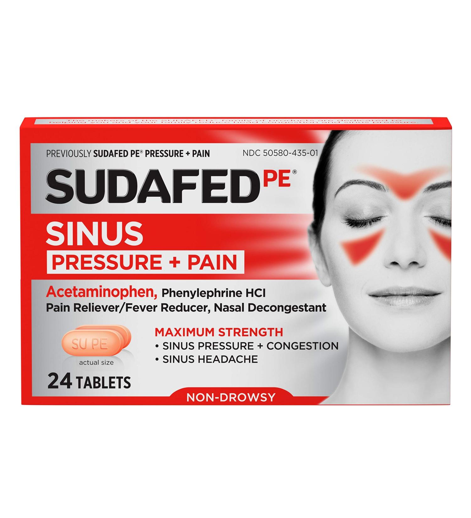 Sudafed PE Sinus Pressure + Pain Relief Maximum Strength Non-Drowsy Decongestant - 24 Count Pack - Buy Online on GoSupps.com