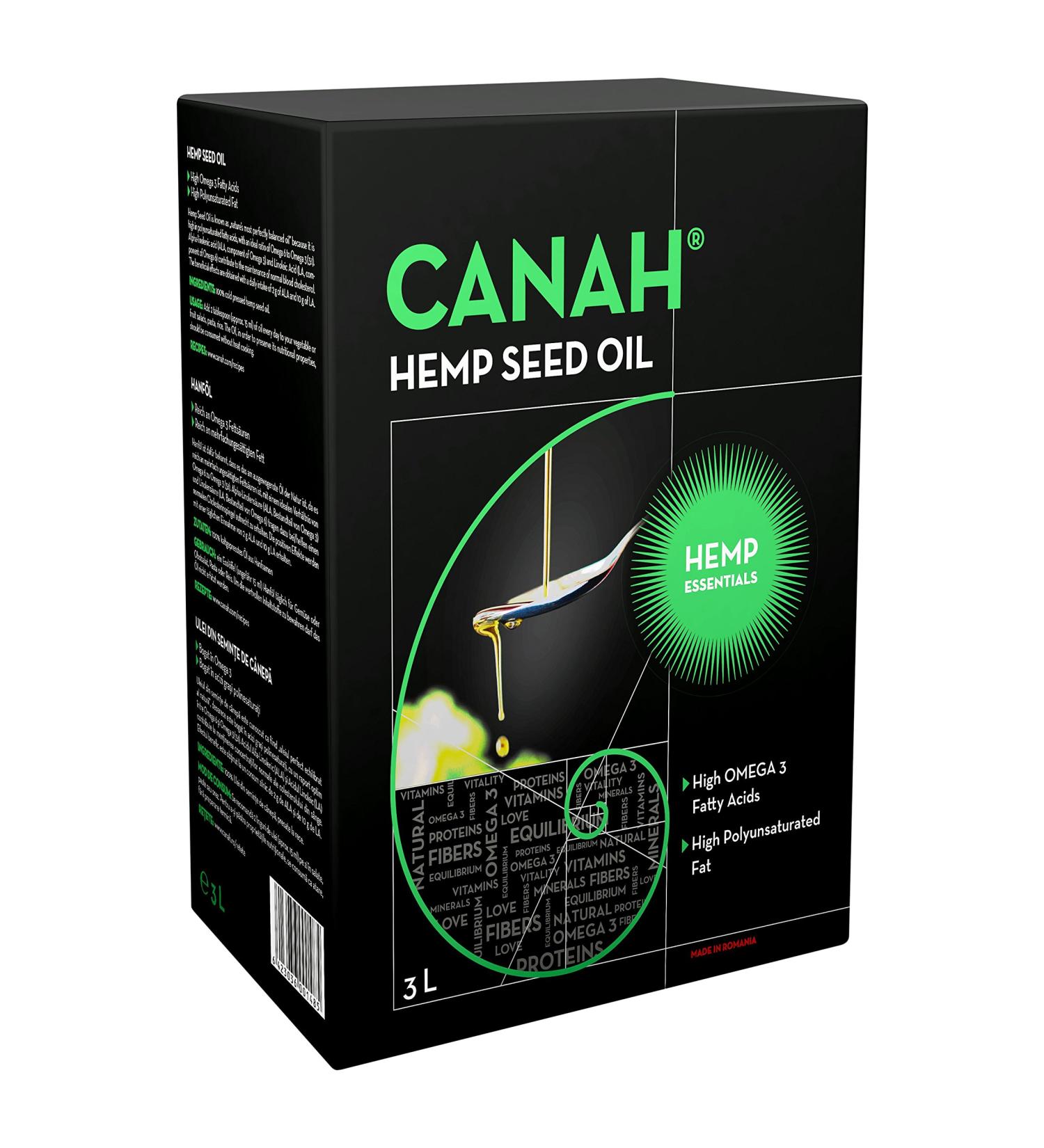 Natural Hemp Seed Oil 3L - Cold-Pressed Raw Vegan Rich in Omega-3 & Omega-6 Kosher Certified | Canah - Buy Online on GoSupps.com