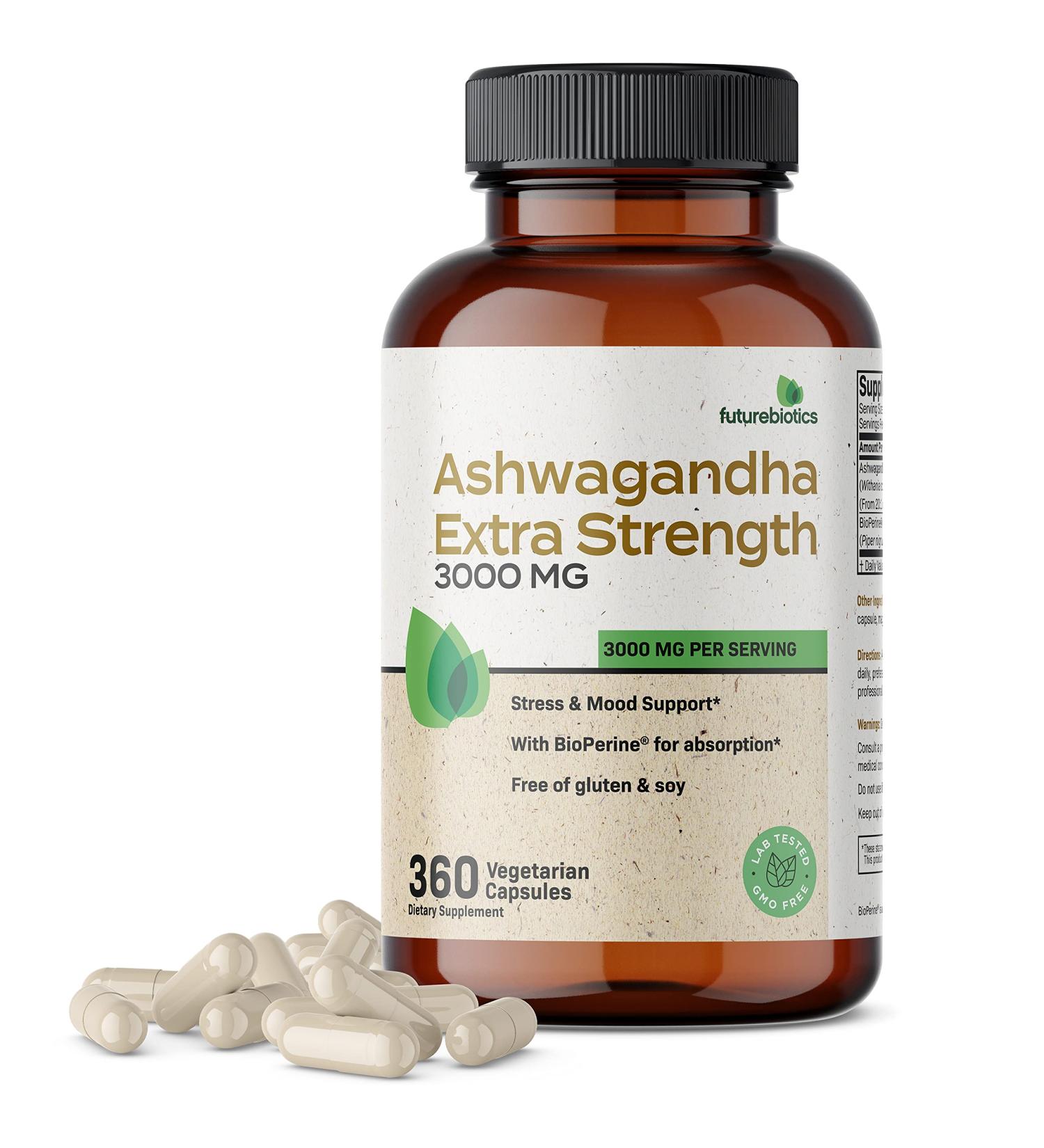 Futurebiotics Ashwagandha Capsules 3000mg - Natural Stress Relief & Mood Support Supplement | 360 Capsules - Buy Online on GoSupps.com