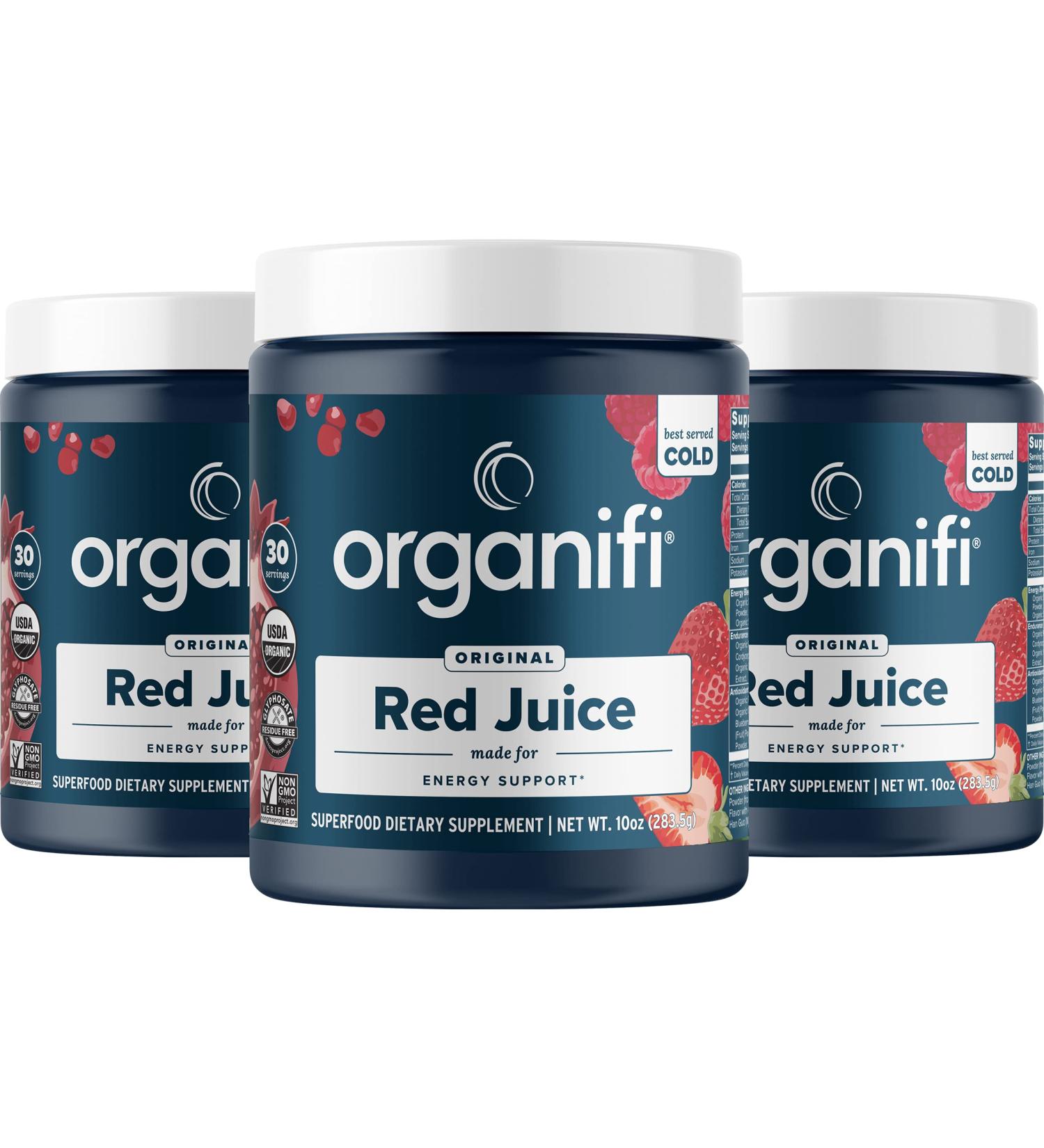 Organifi Red Juice 90 Servings (3pk) - Vegan Pre-Workout Energy Drink Powder with Organic Berries, Beets, Mushrooms, Prebiotics, Ginseng, and Vitamin C for Focus, Peak Performance, Immune Defense - 10oz (Pack of 3) - Buy Online on GoSupps.com