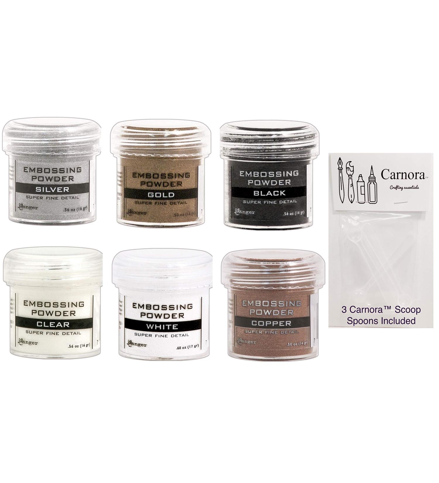 Ranger Fine Super Embossing Powder  White  Silver  Black  Copper  Clear and Gold  Bundle of 6 1/2 Ounce Jars Plus 3 Carnoras Scoop Spoons