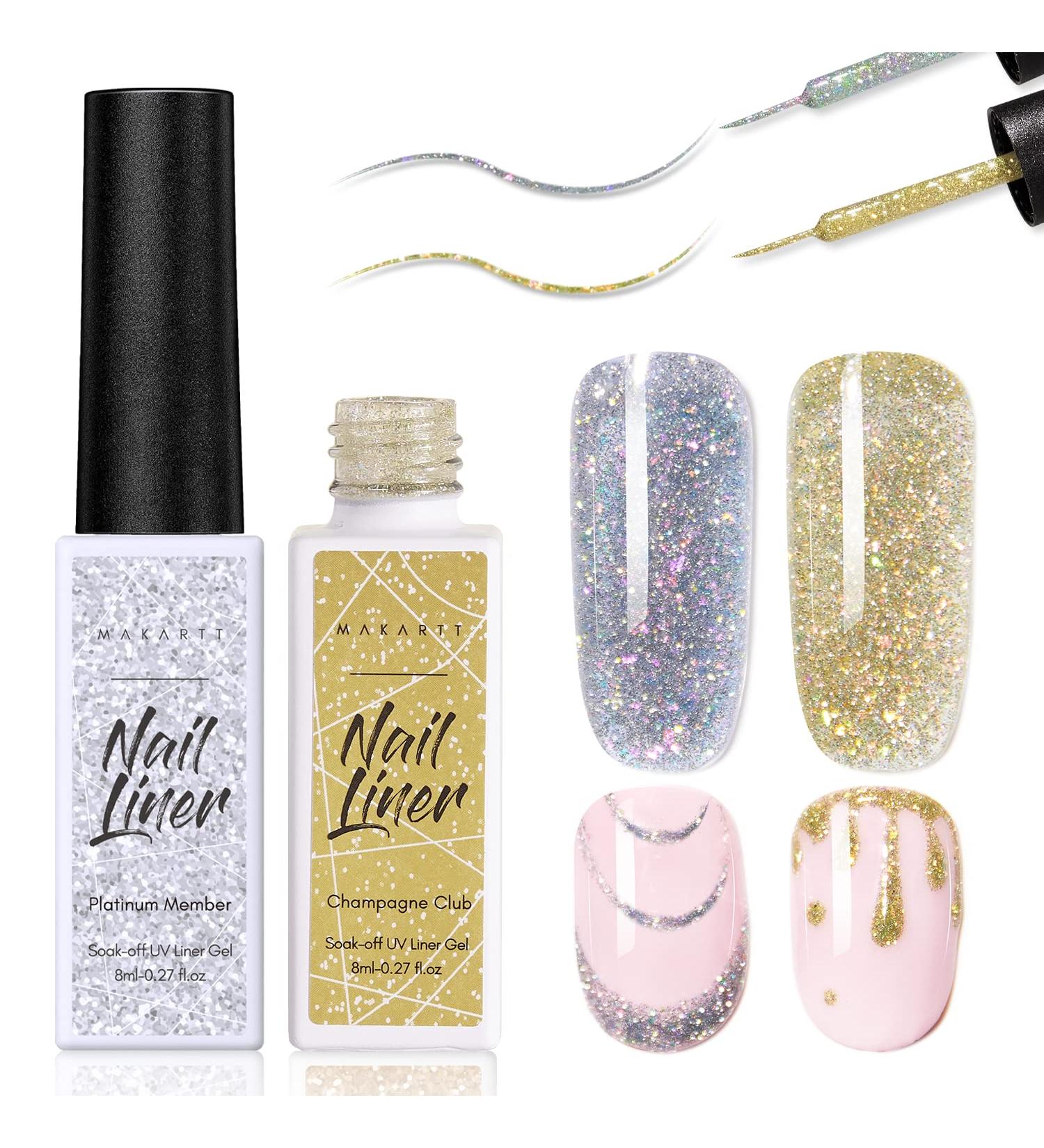 Makartt Liner Gel Nail Polish 2 Colors Glitter Silver Golden Gel Nail Art Paint Soak Off UV Curing Built in Thin Nail Brush DIY Art Design Home & Nail Salon Manicure Drawing Kit 2 Colors Glitter Collection 8 ml-(Pack of Two) - Buy Online on GoSupps.com