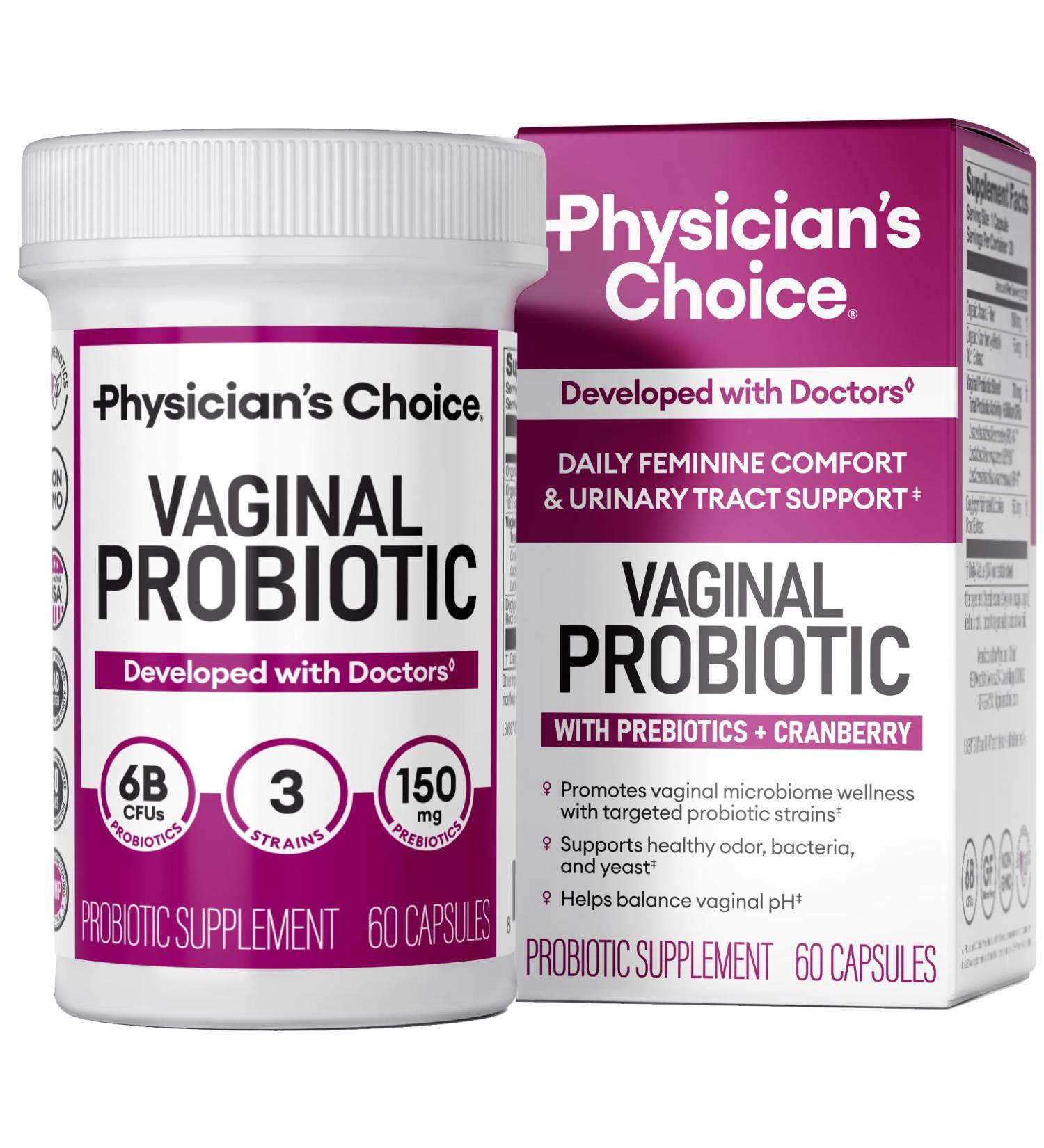 Physician's CHOICE Vaginal Probiotics for Women - pH Balance Odor Control Yeast Balance Vaginal Flora & Feminine Health - 6B CFU with Organic Prebiotics and Cranberry Extract - 60 CT 60 Count (Pack of 1) - Buy Online on GoSupps.com