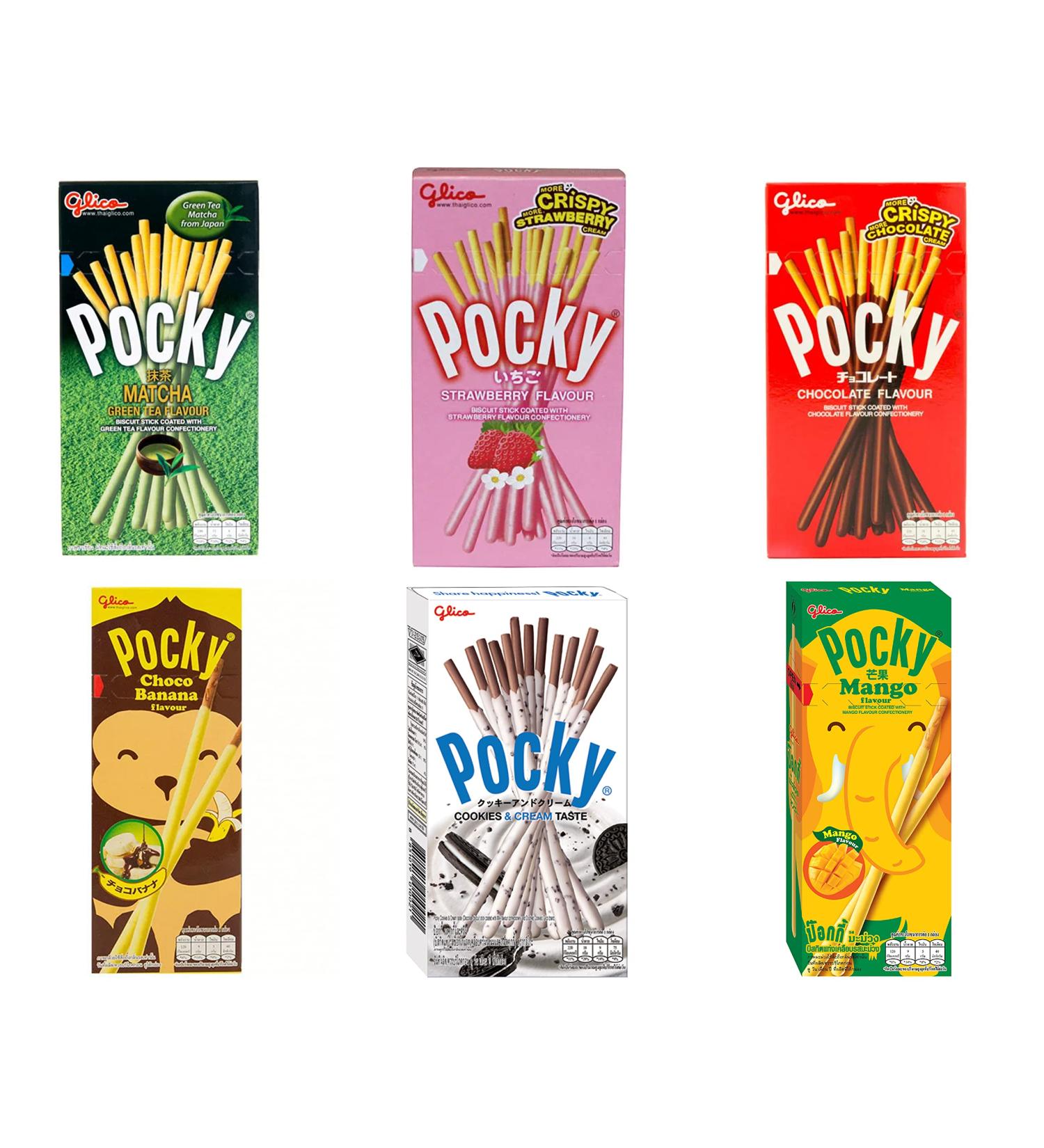 Pocky HAPPY PACK (6 packs) - Chocolate Biscuit & Cream Strawberry Mango Banana Matcha Green Tea - Buy Online on GoSupps.com
