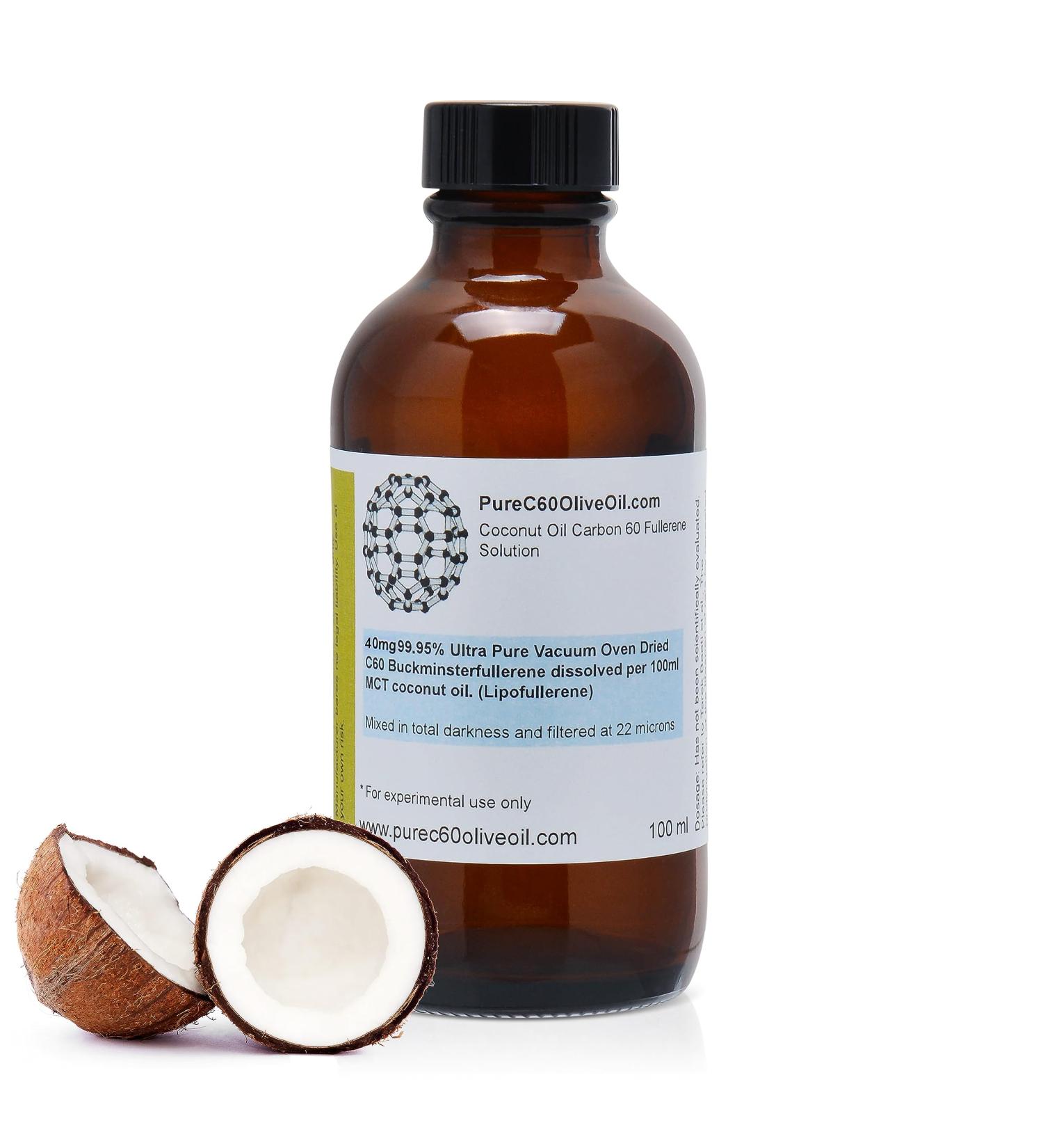PureC60OliveOil C60 Organic MCT Coconut Oil 100ml / 3.4 Fl Oz - 99.95% Carbon 60 Solvent Free 40mg - Amber Glass Bottle - Food Grade - Carbon 60 Coconut Oil - From The Leading Global Producer - Buy Online on GoSupps.com