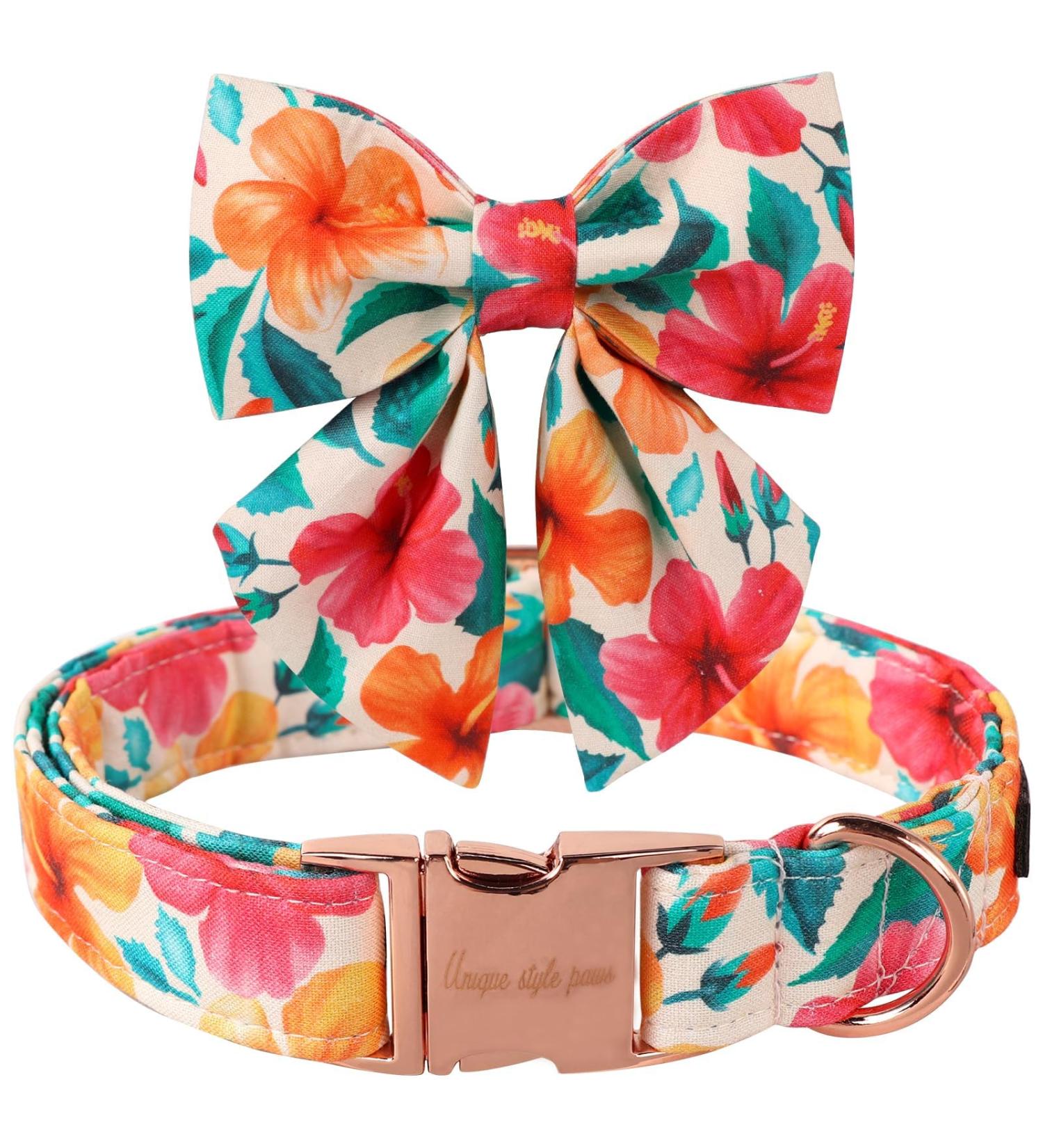 Unique Style Paws Adjustable Cotton Dog Collar - Colorful Flower Design for Boys & Girls | XL 40.6-66 cm | Comfortable Fly Collar with Metal Buckle - Orange & Pink Flowers - Buy Online on GoSupps.com
