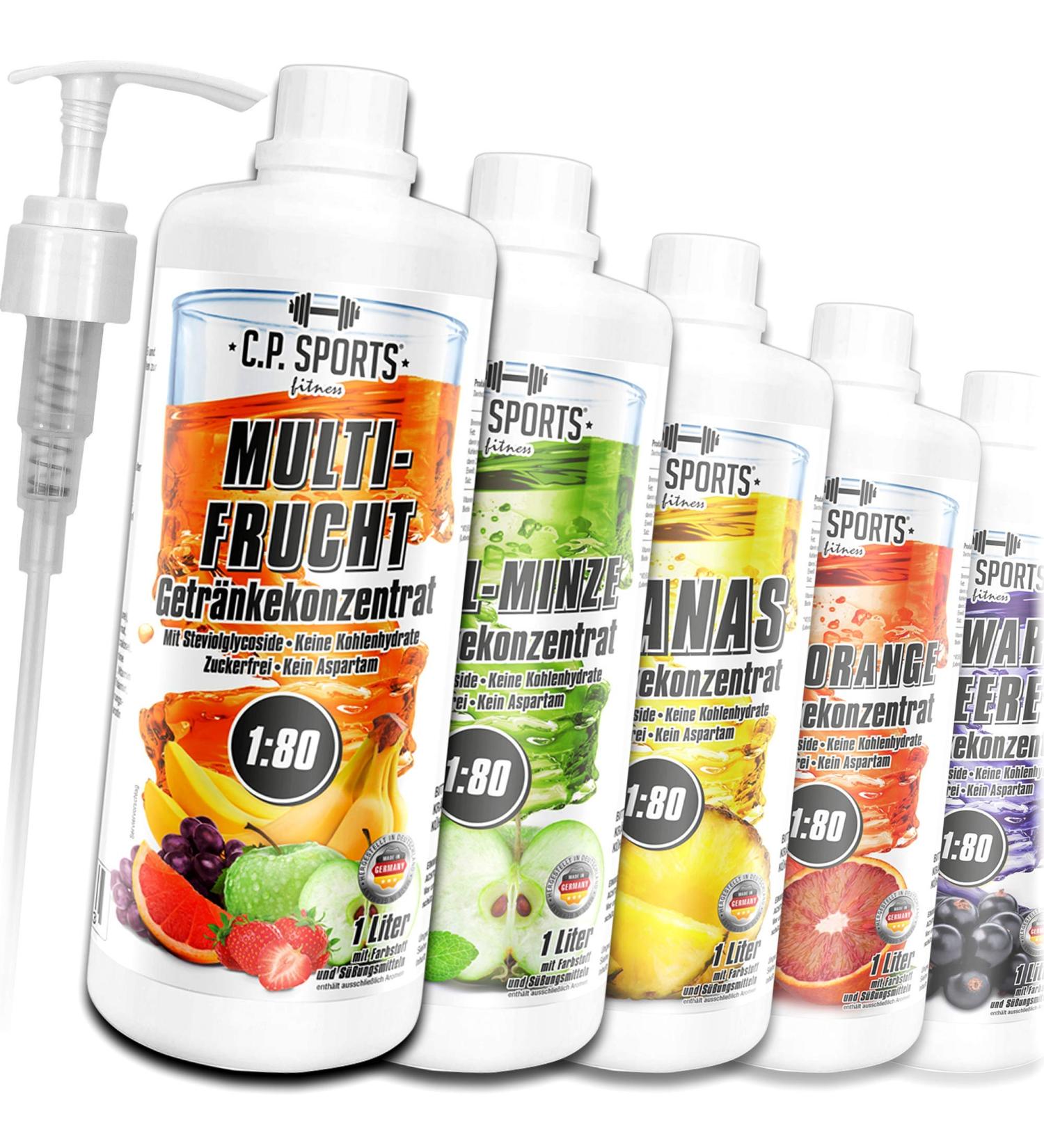 C.P.Sports Sugar-Free Beverage Concentrate 1:80 - 80L Fitness Drink with L-Carnitine & Vitamins - Mango Flavor + Dosing Pump - Buy Online on GoSupps.com