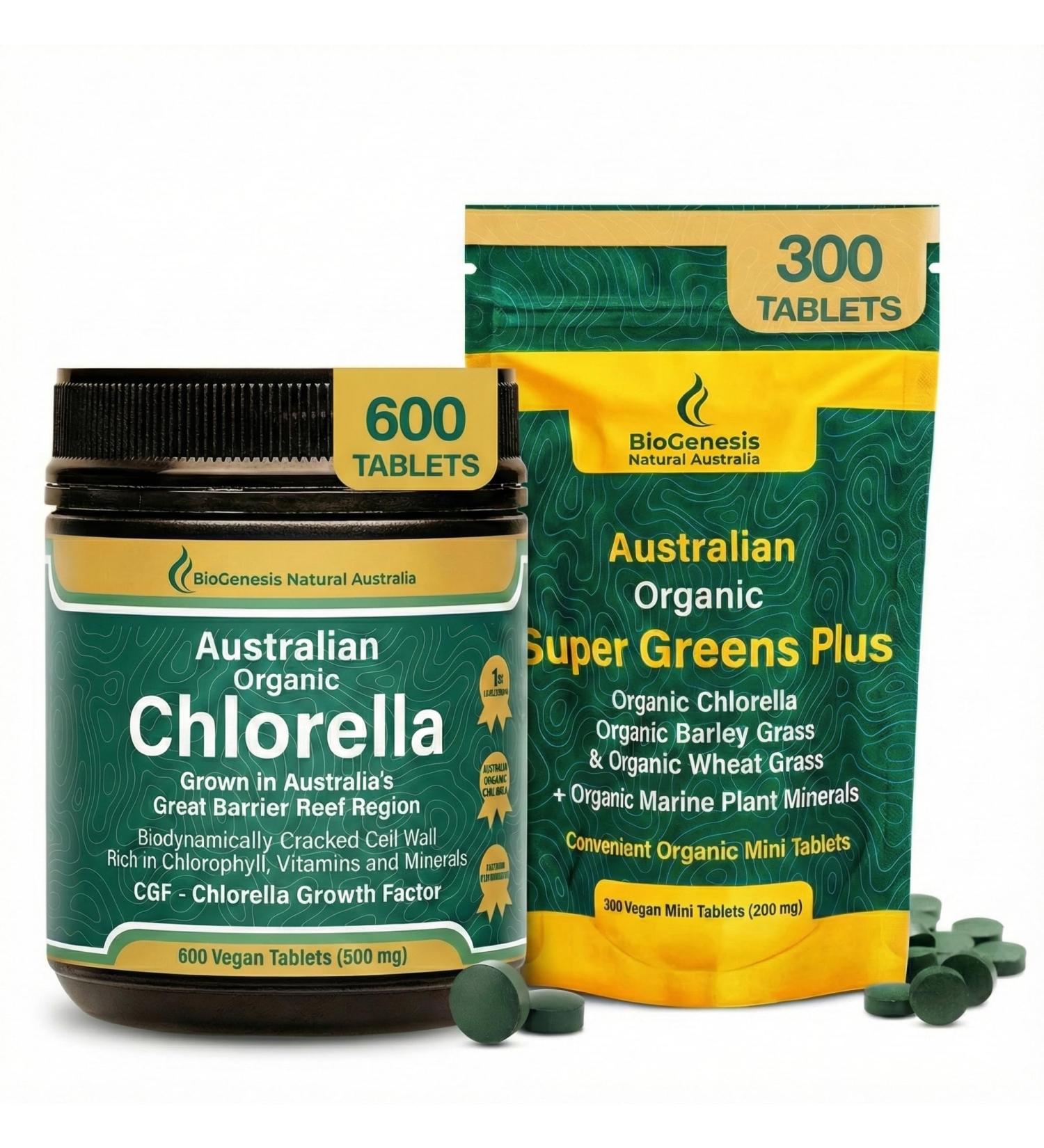 Biogenesis Complete Alkalizing Duo: Organic Chlorella (500mg) & SuperGreens Plus (Wheatgrass Barley Grass) 600 Total Tablets BioDynamic Cracked Cell Wall Vegan Green Superfood for Energy Detox - Buy Online on GoSupps.com