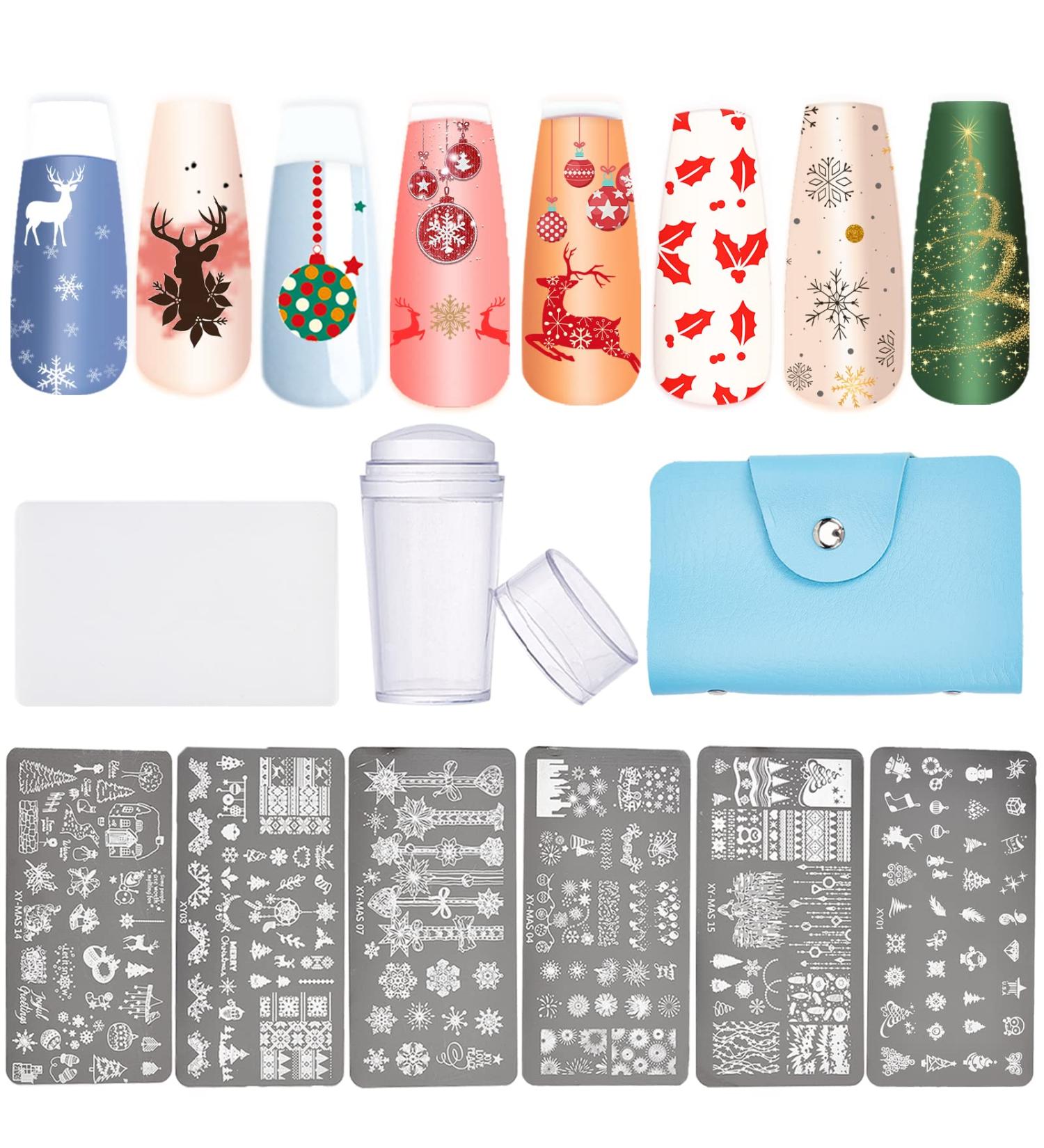 Niceneeded 9Pcs Christmas Nail Art Stamping Kit | 6 Nail Plates Stamper Scraper & Storage Bag | DIY Christmas Nail Decoration Tools - Buy Online on GoSupps.com