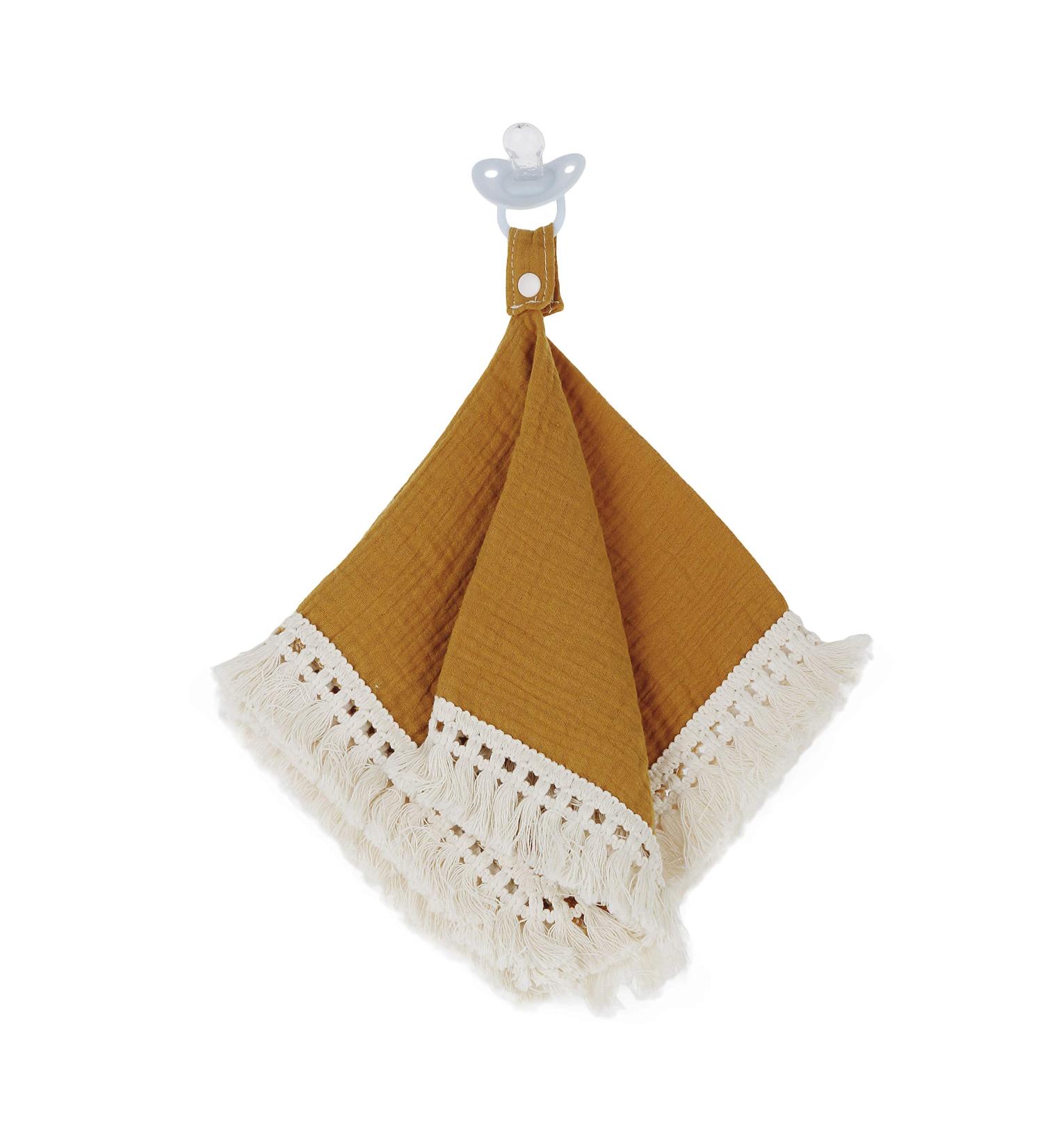 Doodalou Muslin Boho Baby Pacifier Blanket in Mustard - Soft and Stylish - Buy Online on GoSupps.com