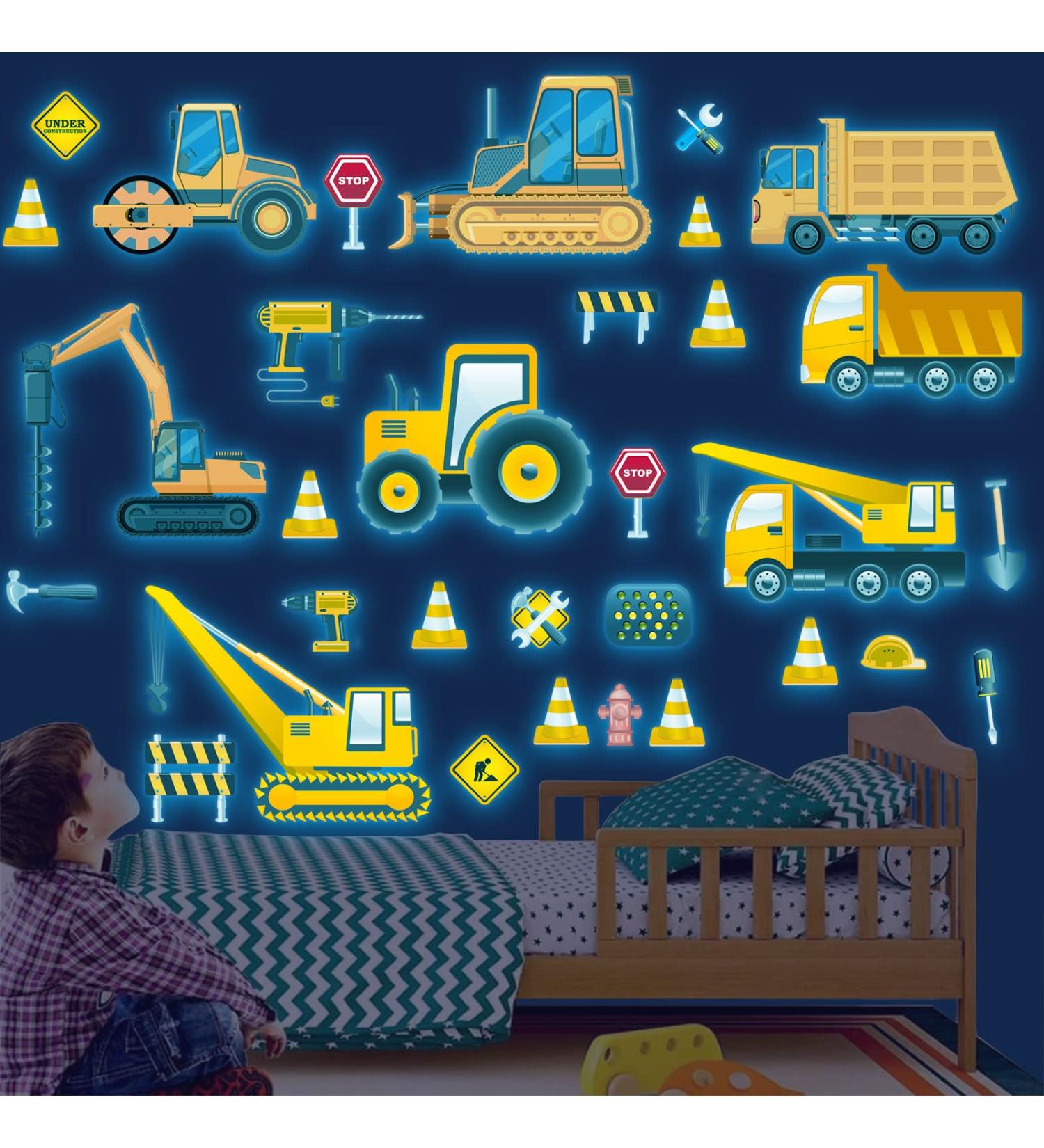 Glow in The Dark Construction Vehicles Wall Stickers - Transport Cars Theme Fluorescent Decals for Kids Bedroom Nursery - Buy Online on GoSupps.com