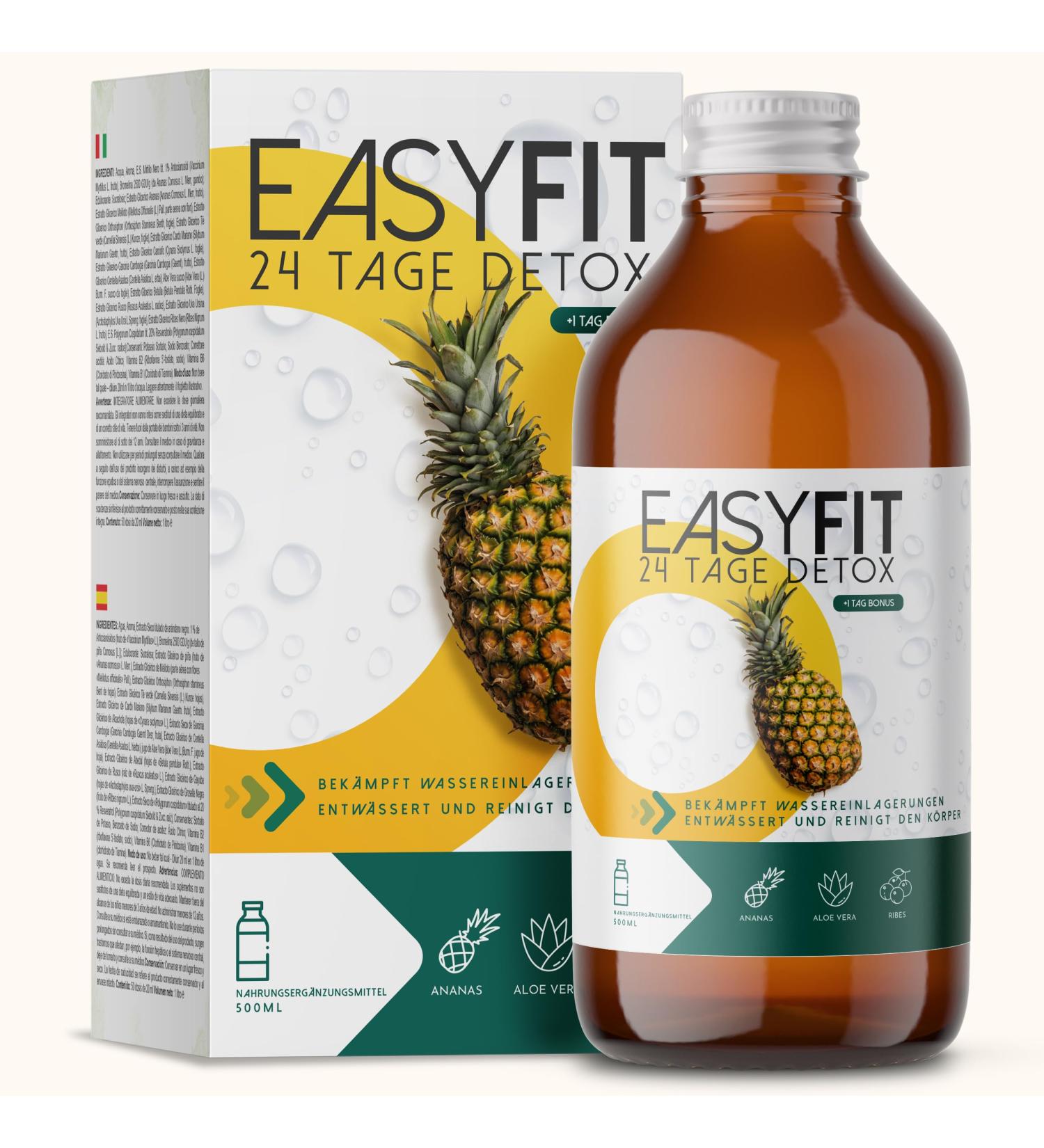 Easyfit Detox 500 ml - Detox Drainage Diet | Detoxification Cure with Bromelain Aloe Juice & Centella Asiatica | Leber Detox Test Winner | Shop Internationally - Buy Online on GoSupps.com