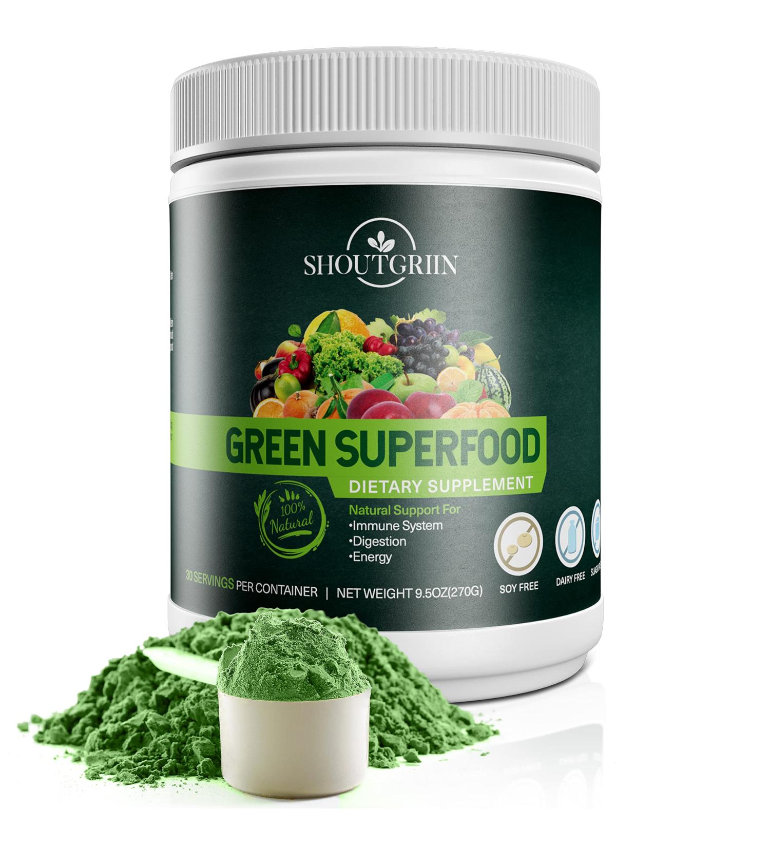 SHOUTGRIIN Organic Green Juice Superfood Powder - Fruit & Veggie Smoothie Drink - Natural Fiber Supplement for Energy, Immunity & Digestion - 9.5 oz - Buy Online on GoSupps.com