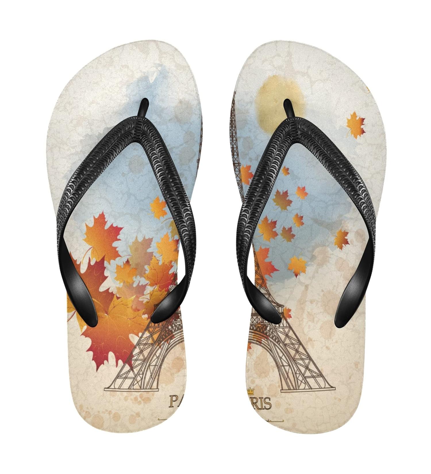 Mnsruu Eiffel Tower Maple Leaf Autumn Flip Flops | Multicolored Men & Women Slippers for Travel Home Hotel & Spa - Buy Online on GoSupps.com