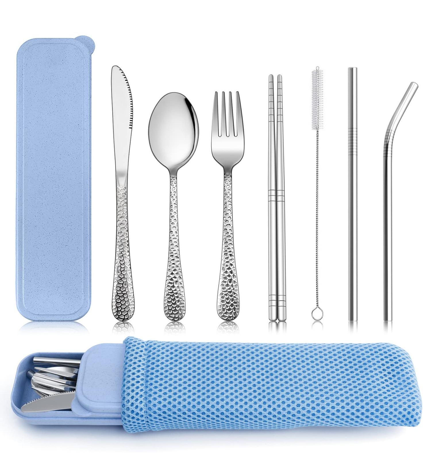 E-far 9-Piece Portable Utensils Set with Case - Metal Camping Cutlery Flatware Set for Travel - Blue - Buy Online on GoSupps.com