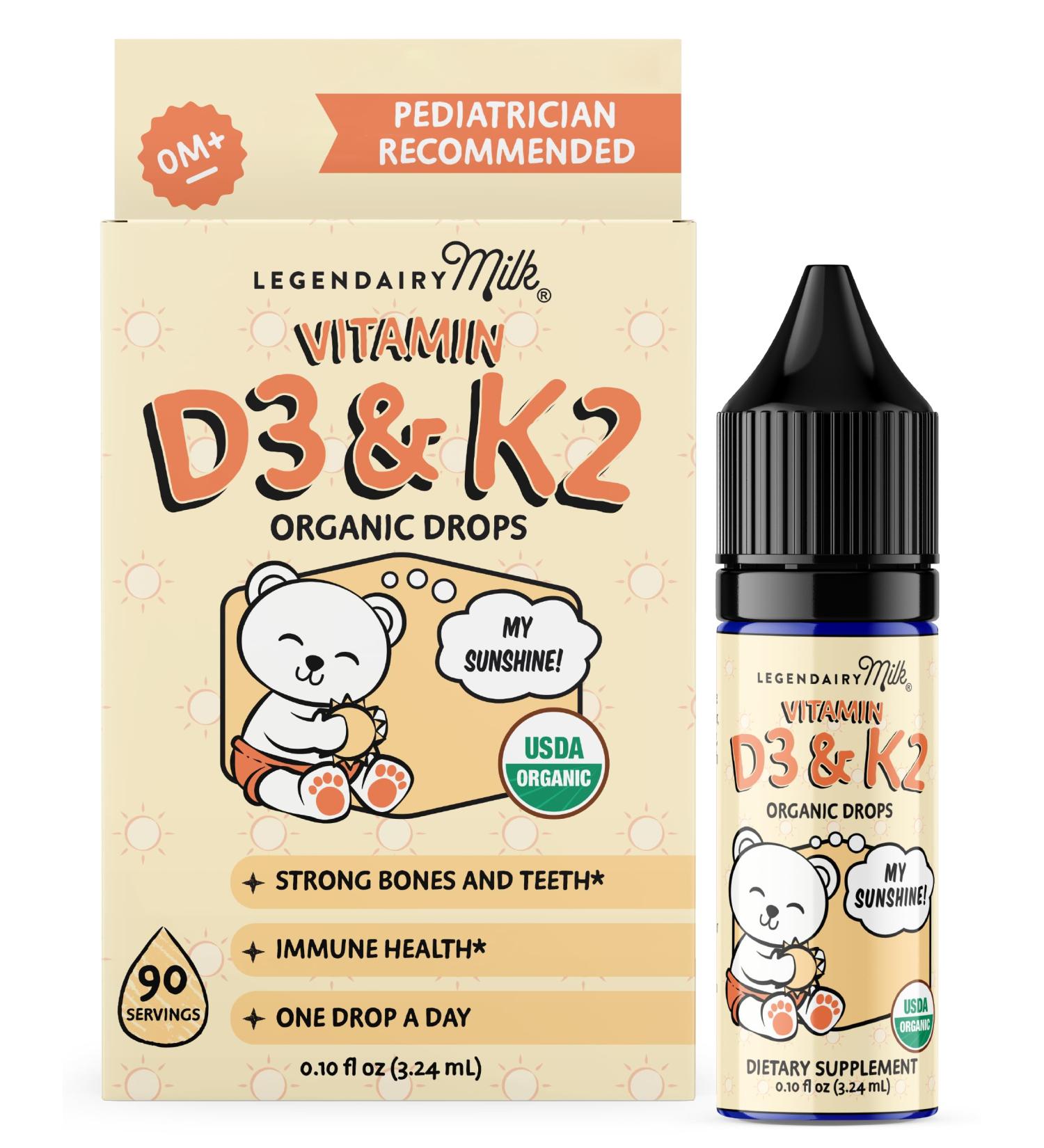 Legendairy Milk Organic Baby Vitamin D3 K2 Liquid Drops, 400 IU of Baby Vitamin D Drops for Infants - Vitamin D for Newborns, Toddlers, and Kids - Vegan, 90 Servings - Buy Online on GoSupps.com