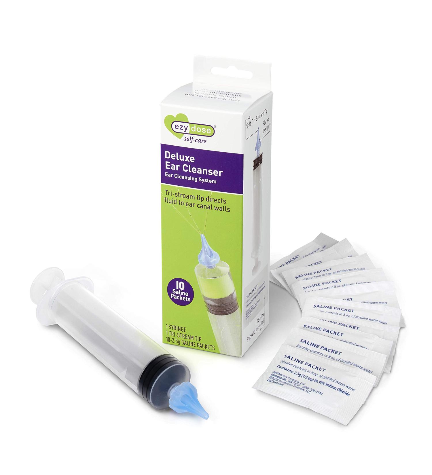 Ezy Dose Ear Wax Cleaner for Humans - Includes 10 Saline Packs - Antibacterial Syringe with Tri-Stream Tip - Buy Online on GoSupps.com