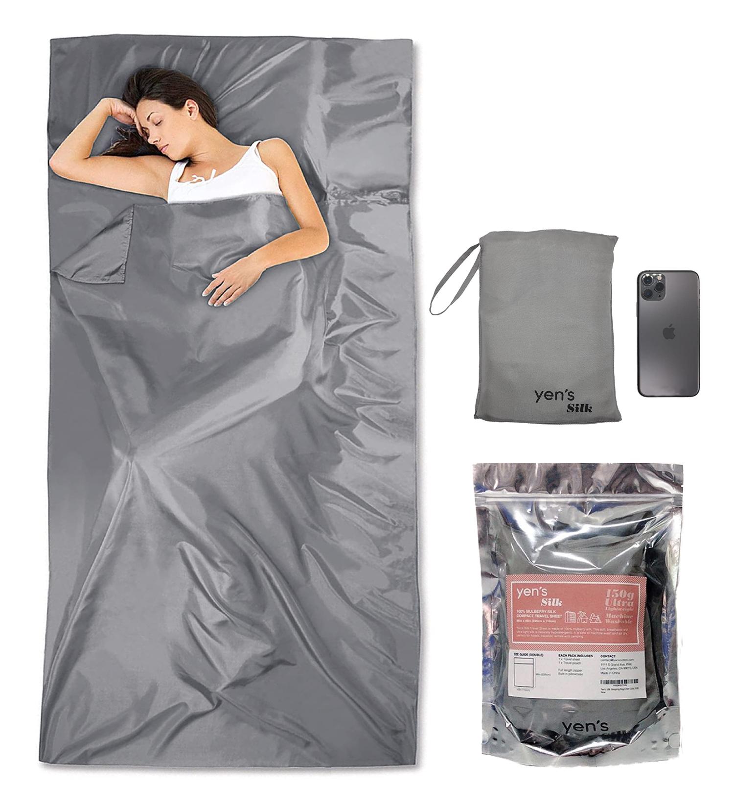 Yens Mulberry Silk Sleeping Bag Liner - Lightweight Breathable Travel Sheet for Hotels, Camping - Grey, 86 X 43 - Buy Online on GoSupps.com
