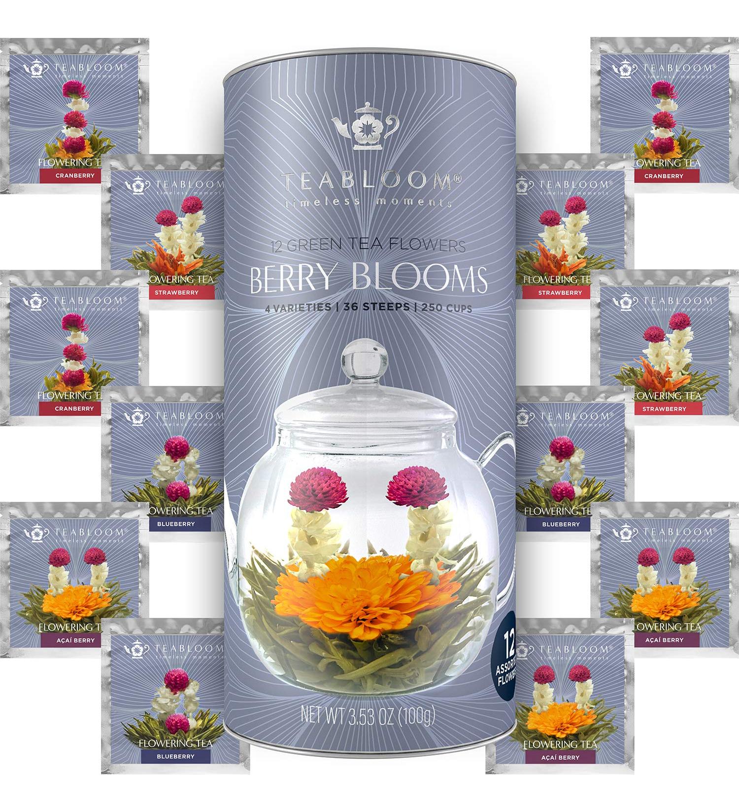 Boules de th vert aux baies rouges Teabloom en cartouche cadeau de 12 fleurs 4 vari t s de th sculpt aux baies rouges : canneberge myrtille baie d a a et fraise + th vert 12 Baies rouges th fleurs - Buy Online on GoSupps.com