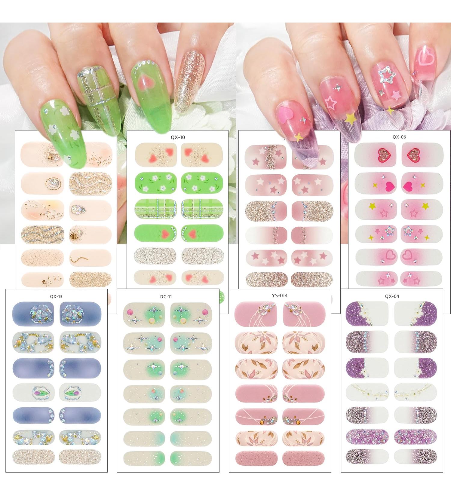 Buy Semi Cured Gel Nail Strips - 8 Sheets of Flower Heart & Star Designs | Nail Art Stickers & Decals for Stunning Manicures - Buy Online on GoSupps.com