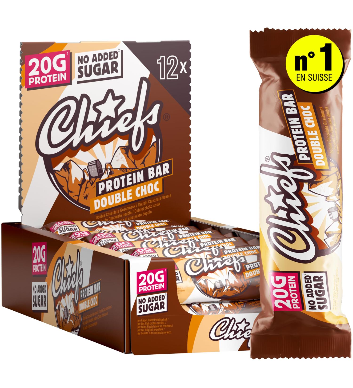 Chiefs Protein Bar (Double Choc) Barre prot in e premium avec 20g de prot ines & 201 kcal par barre Sans sucre ajout Barre prot in e low sugar Go t de chocolat Pack de 12 (12 x 55g) Double Choc 12 unit (Lot de 1) - Buy Online on GoSupps.com