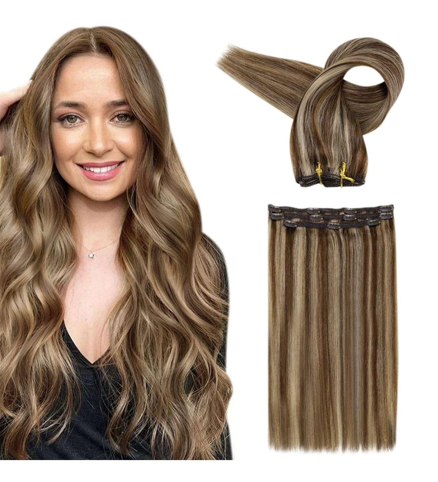 FSHINE Real Hair Clip-In Extensions - Chestnut Brown & Honey Blonde - 30cm Remy Thick 80g - 7 Pieces #4P27 - Smooth Clip-In Extensions for Women - Buy Online on GoSupps.com