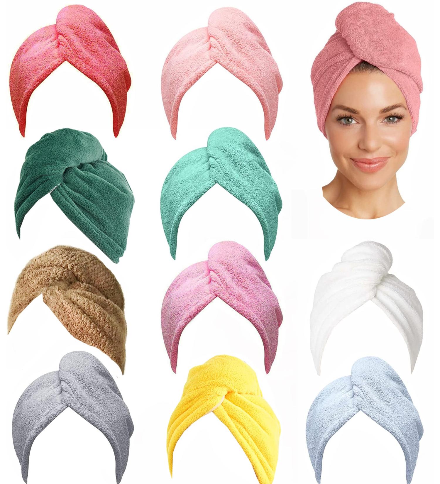 10 Pack Microfiber Hair Towel Wraps - No Frizz Turbans for Long Curly Hair - Buy Online on GoSupps.com