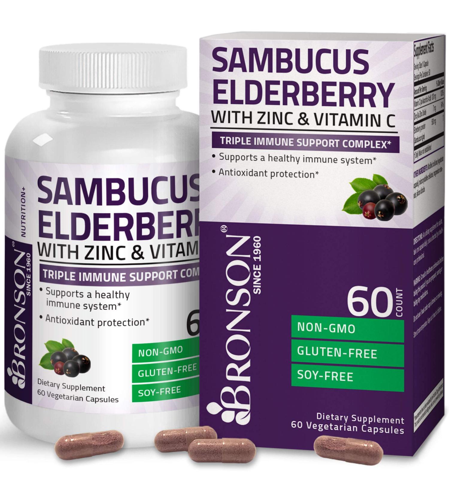 Bronson Sambucus Elderberry with Zinc & Vitamin C - Triple Immune Support Complex | Non-GMO, 60 Capsules - Buy Online on GoSupps.com