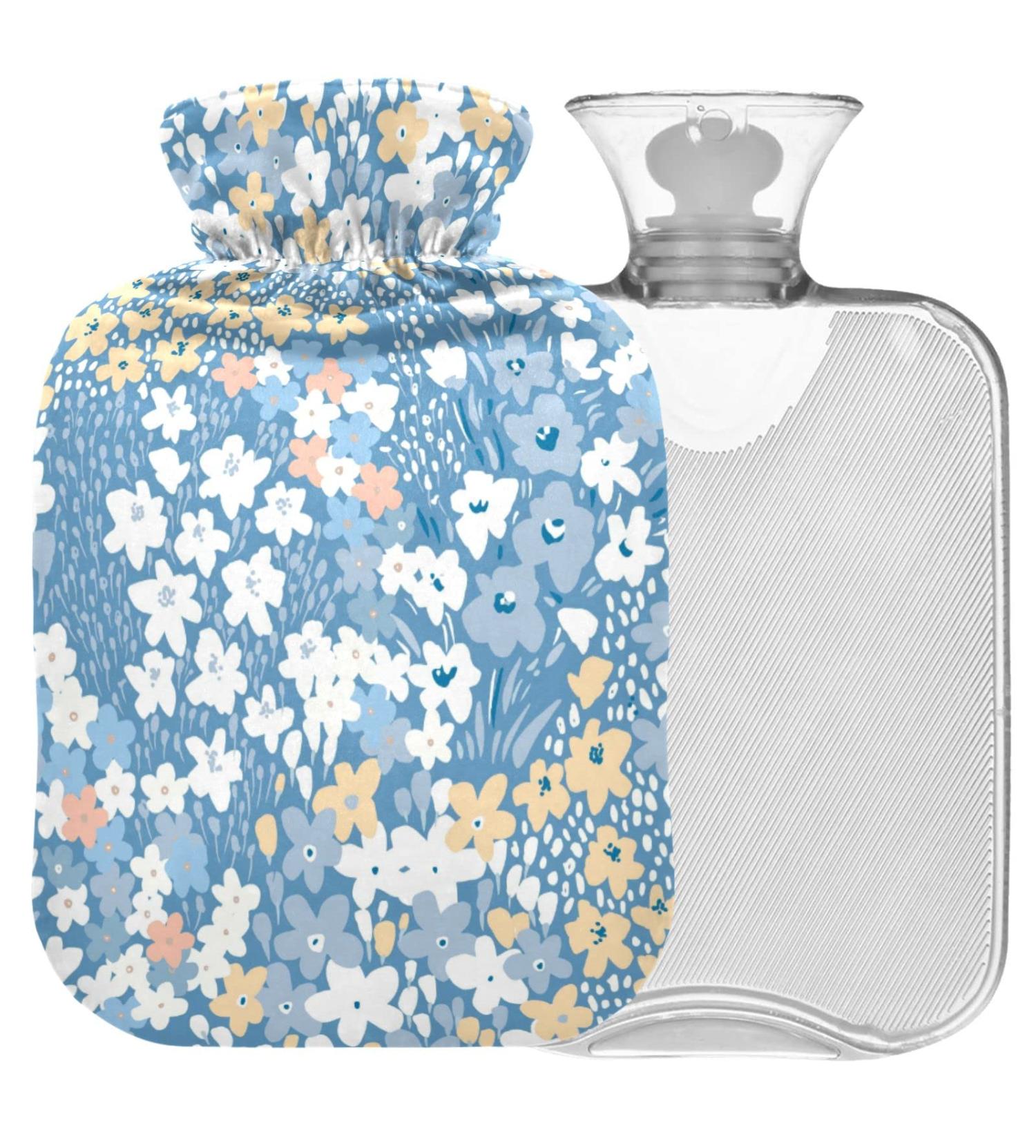 Hot Water Bottle with Cover | Naanle 2L Transparent Heat Bottle for Pain Relief & Therapy - White Blue Flowers - Buy Online on GoSupps.com